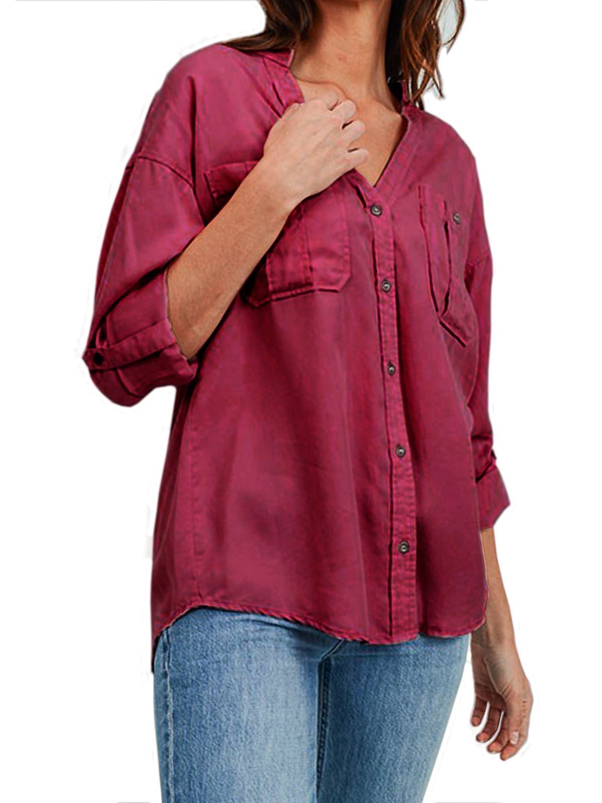 MixMatchy Long Sleeve Solid Split Neck Tencel Button Down Shirt Blouse