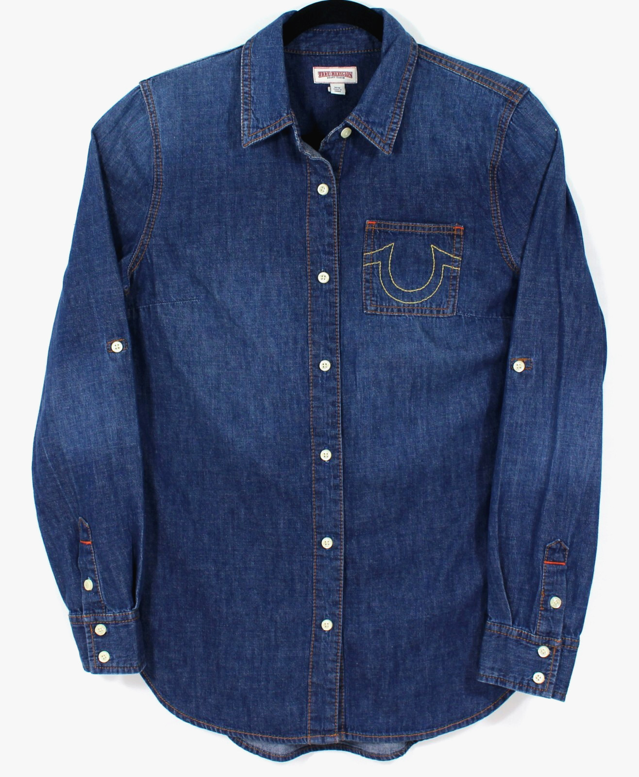 True Religion Boyfriend Denim Shirt Womens M Roll Tab Sleeve Horseshoe Logo West
