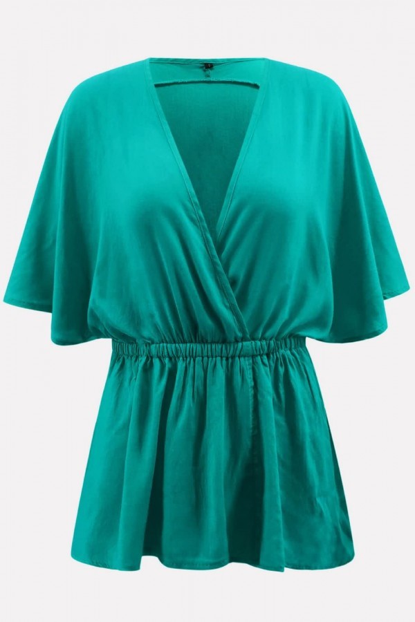 Wrap Peplum Bat Sleeve V Neck Blouse S Teal