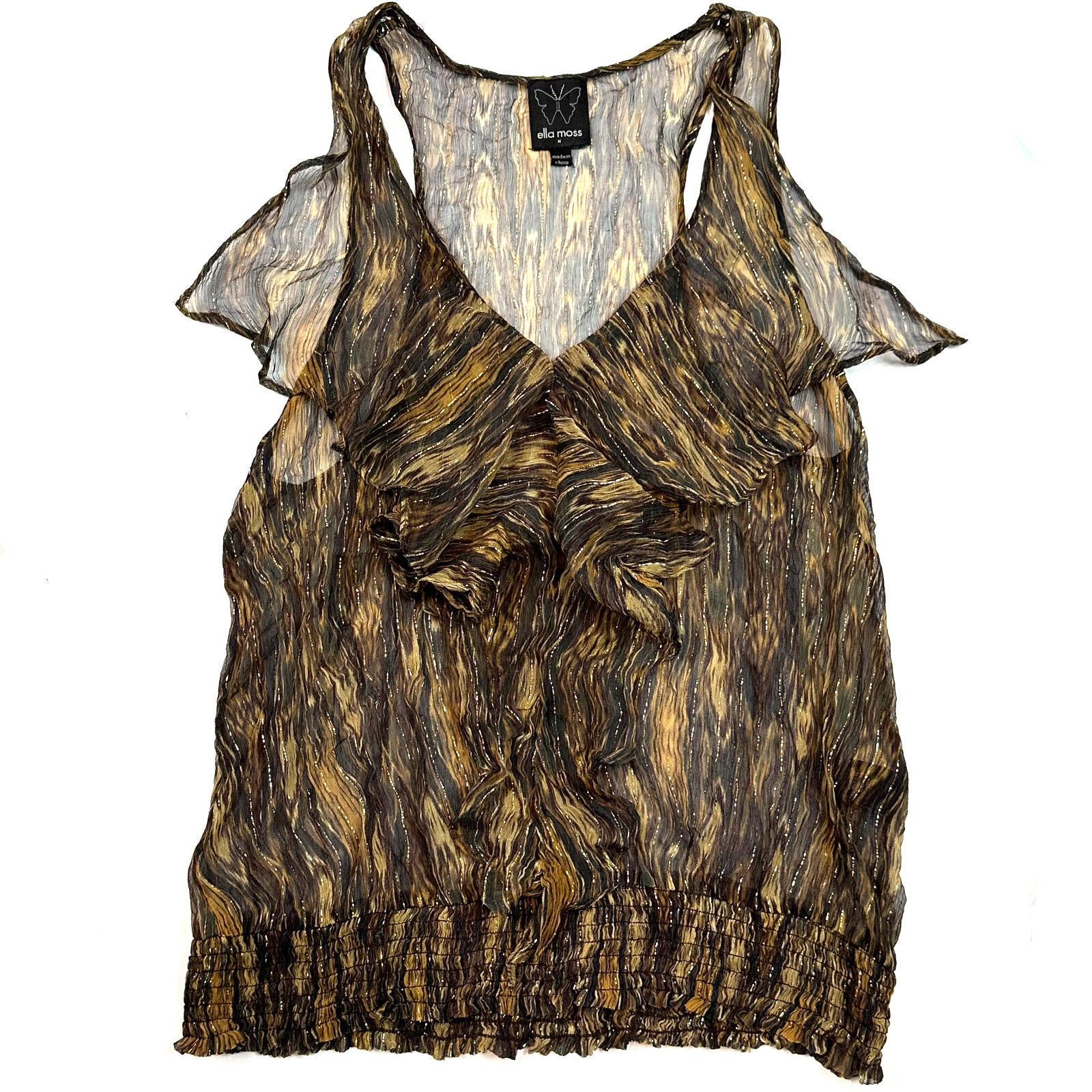 ELLA MOSS Anthropologie Womens size Med Ruffle V Neck Top Sleeveless Silk Blouse