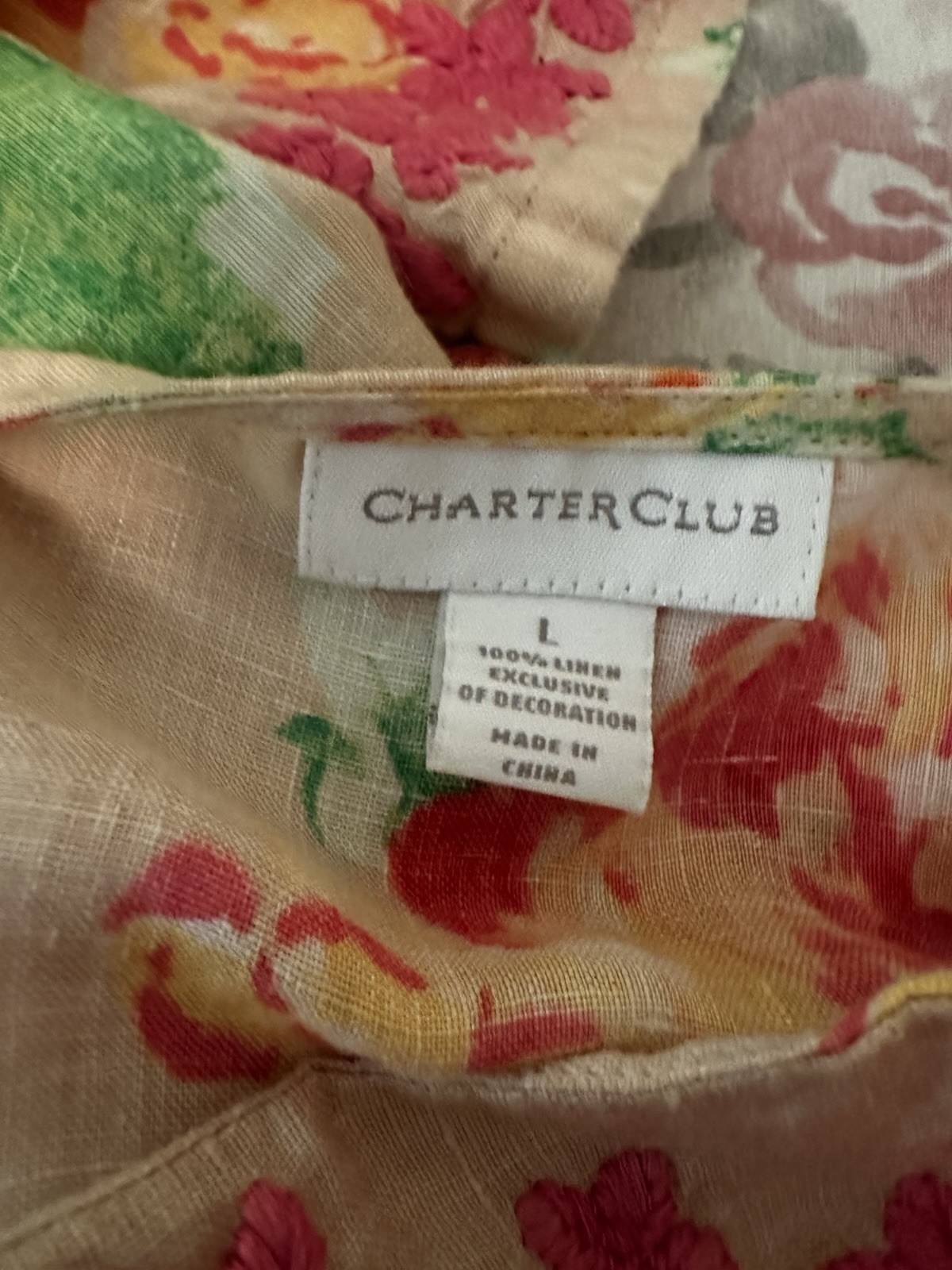Charter Club Pretty Linen Top – Large – Long Sleeves, Embroidered, Side Slits
