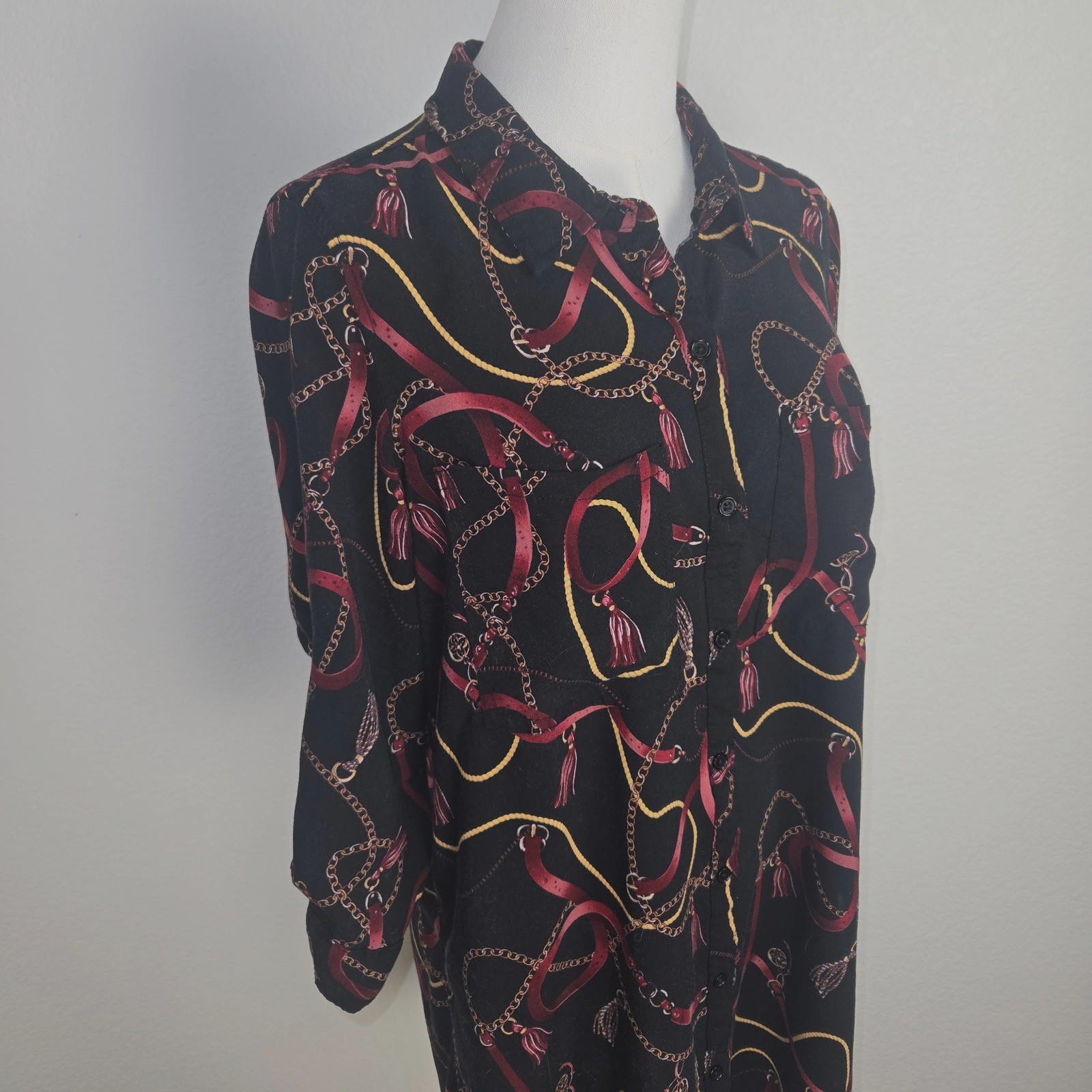 Equestrian Chain Print Tunic Dress M Black Gold Button Front Mob Wife