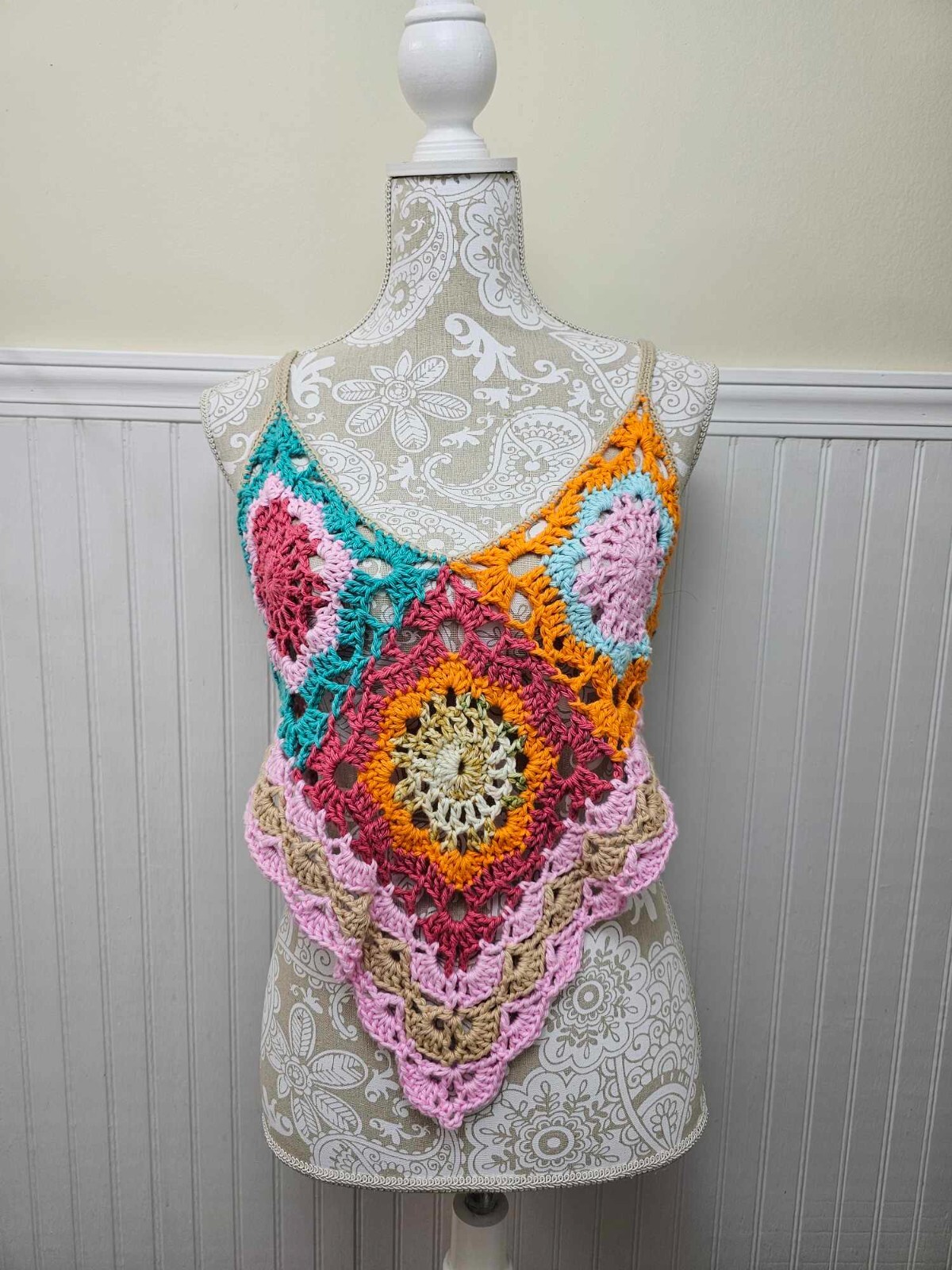 Crochet Lace Crop Top Handmade Large Boho Chic 100% Cotton yarn Multi color