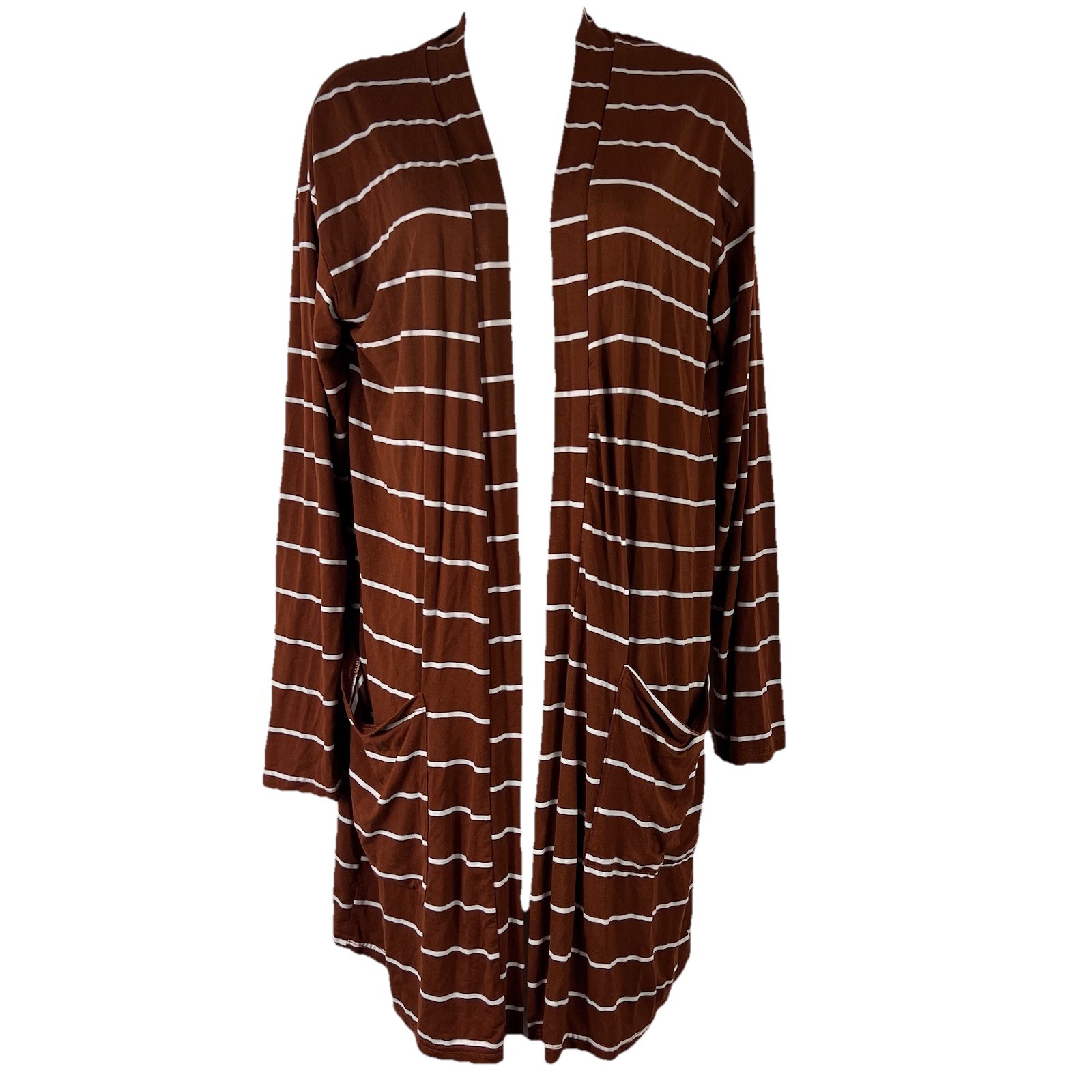 Tickled Teal Cardigan Blouse Women’s XL Long Sleeve Open Front Brown Striped