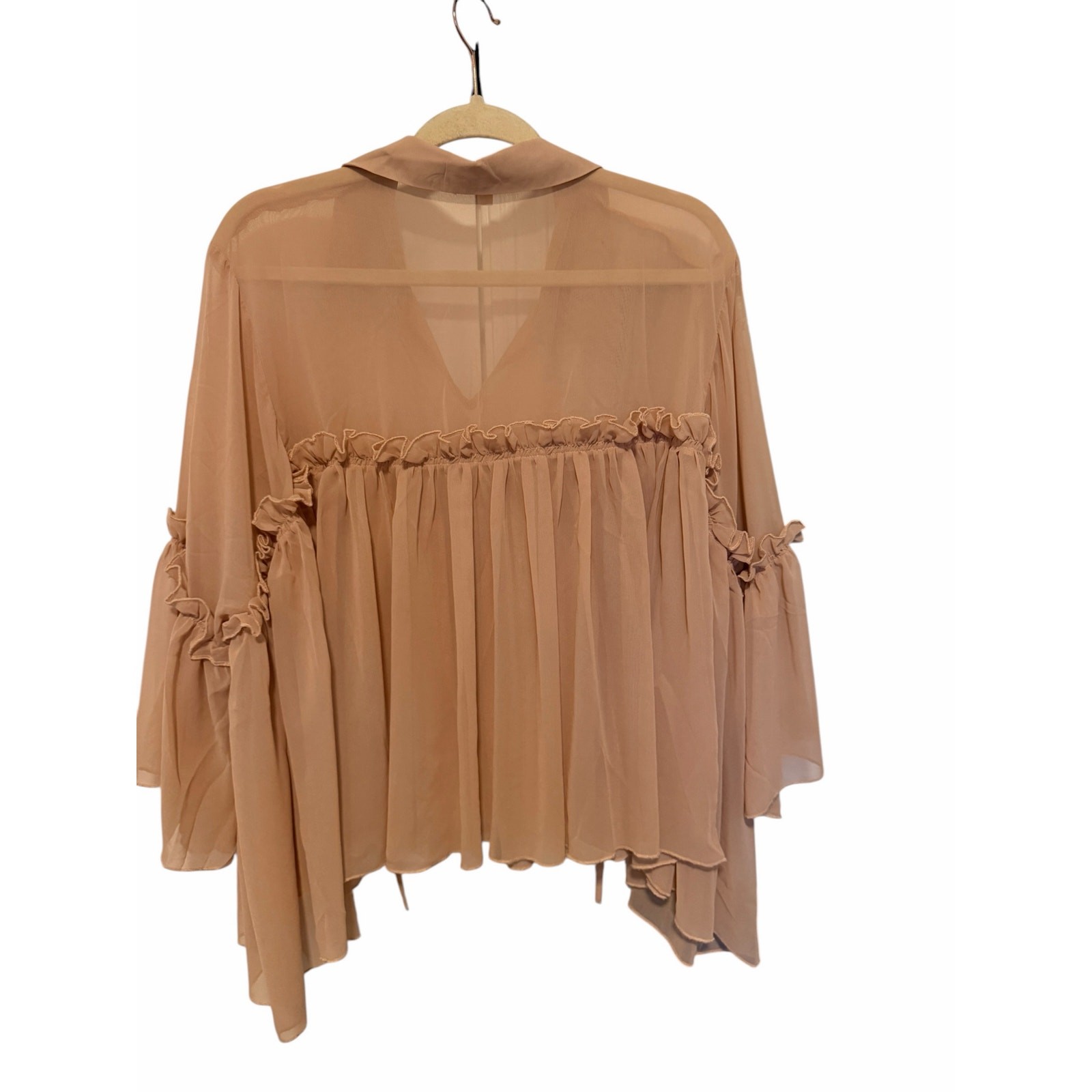 Ellie & Kate Women’s Small Light Pink Sheer Long Sleeve Tasseled Collar Blouse
