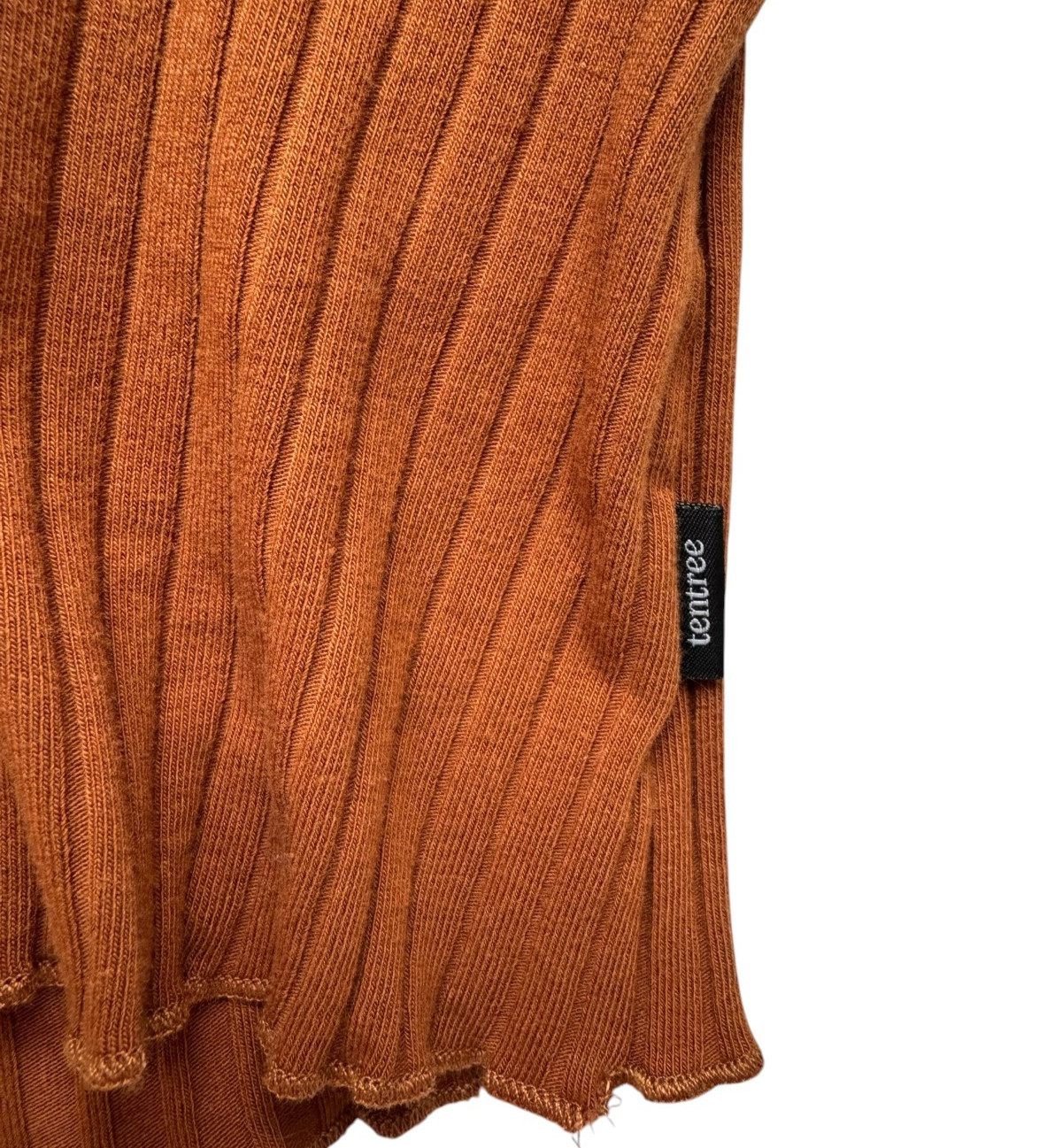 Tentree Newell Ribbed Organic Cotton Long Sleeve Top Toffee Lettuce Edge Hem XL