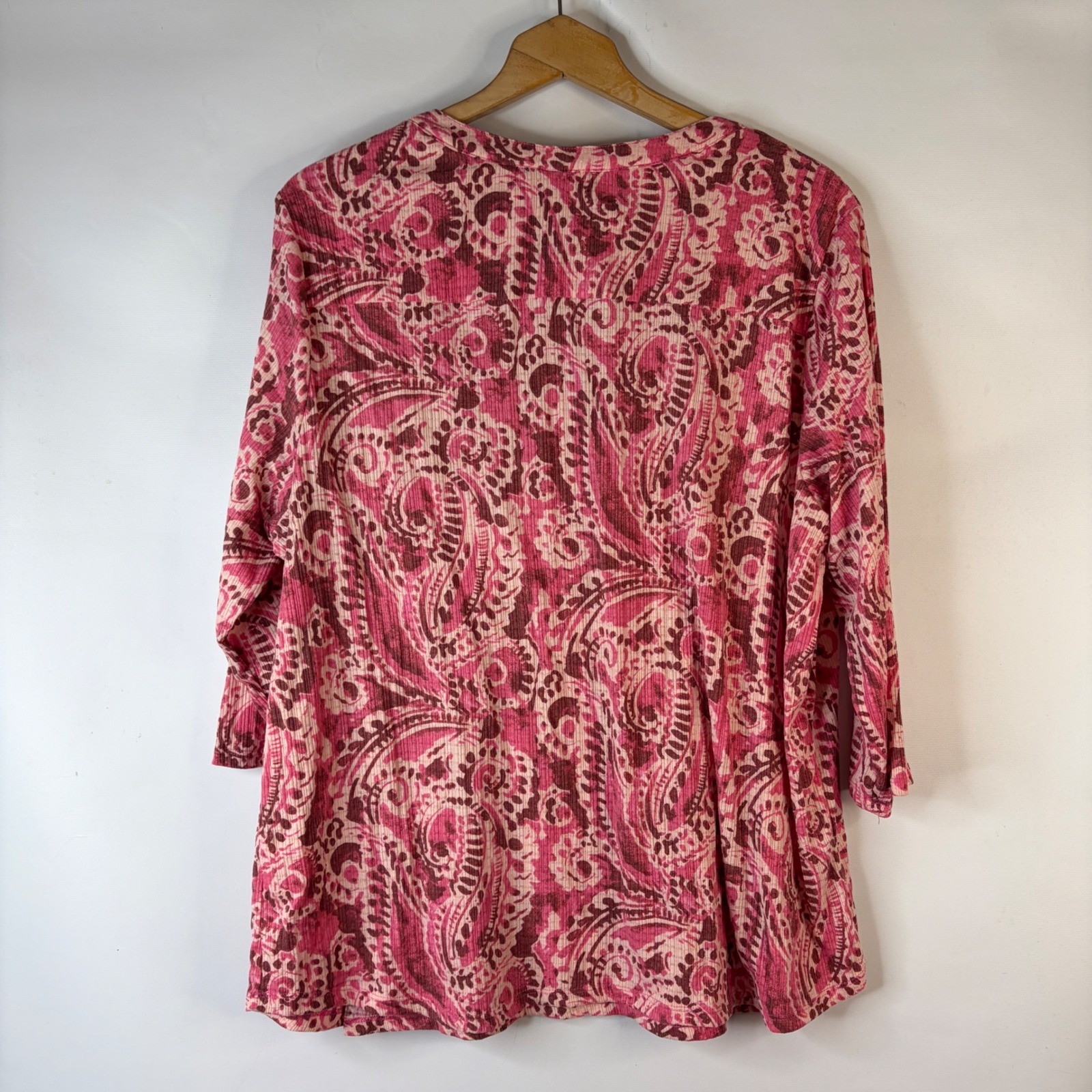 Fred David Top Women 3X Pink Paisley Pintuck Ribbed 3/4 Sleeve