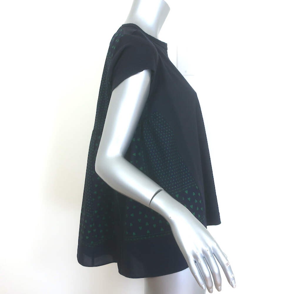 Sacai Luck Heart Print Tiered-Back Tee Black Linen Blend Size 3 Cap Sleeve Top