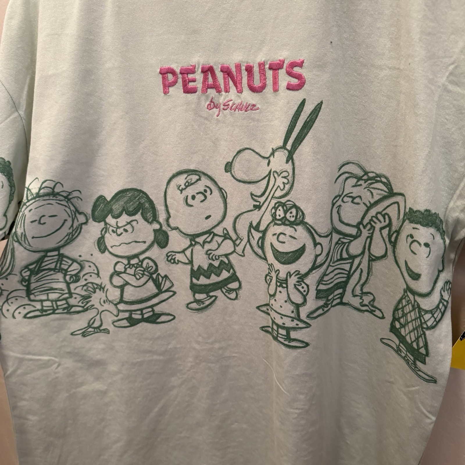 Peanuts T-Shirt Women’s Snoopy, Charlie Brown & Gang Green Embroidered Small NWT