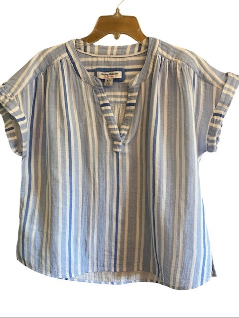 Tommy Bahama Ashby Isles Top M Blue White Striped Cotton Island Gauze Blouse
