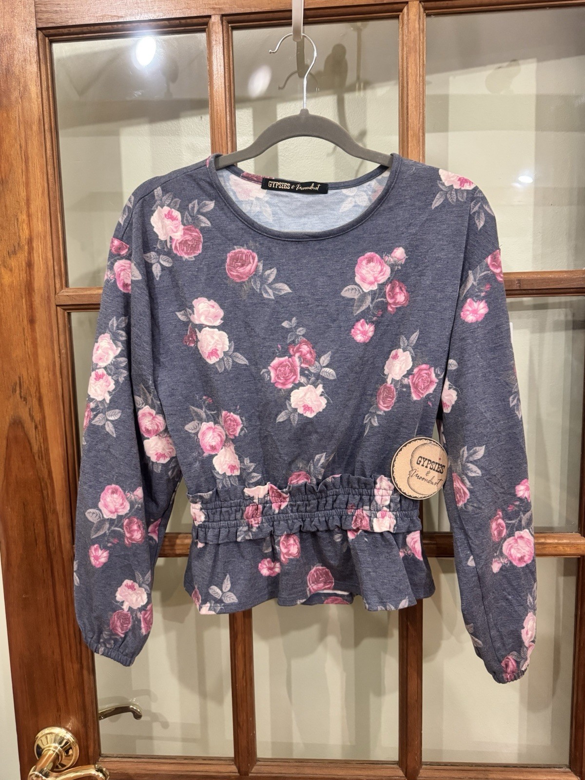 Gypsies & Moondust Women’s Top Dusty Blue Floral Long Sleeve Blouse Peplum NWT