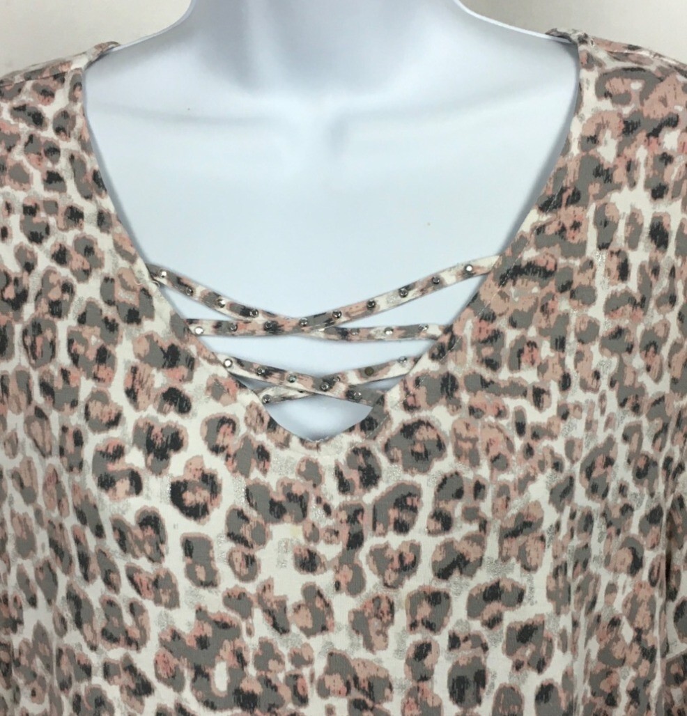 Ruby Rd Womens Top Size L White Pink Gray Leopard Print Strappy Sequined V neck