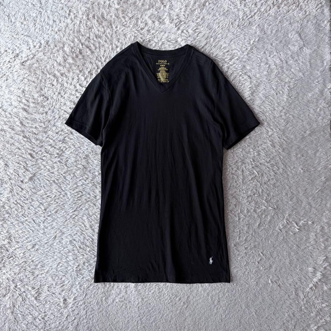 Ralph Lauren V-neck T-shirt Short Sleeve Black White Pony Embroidery 14Y+ JAPAN