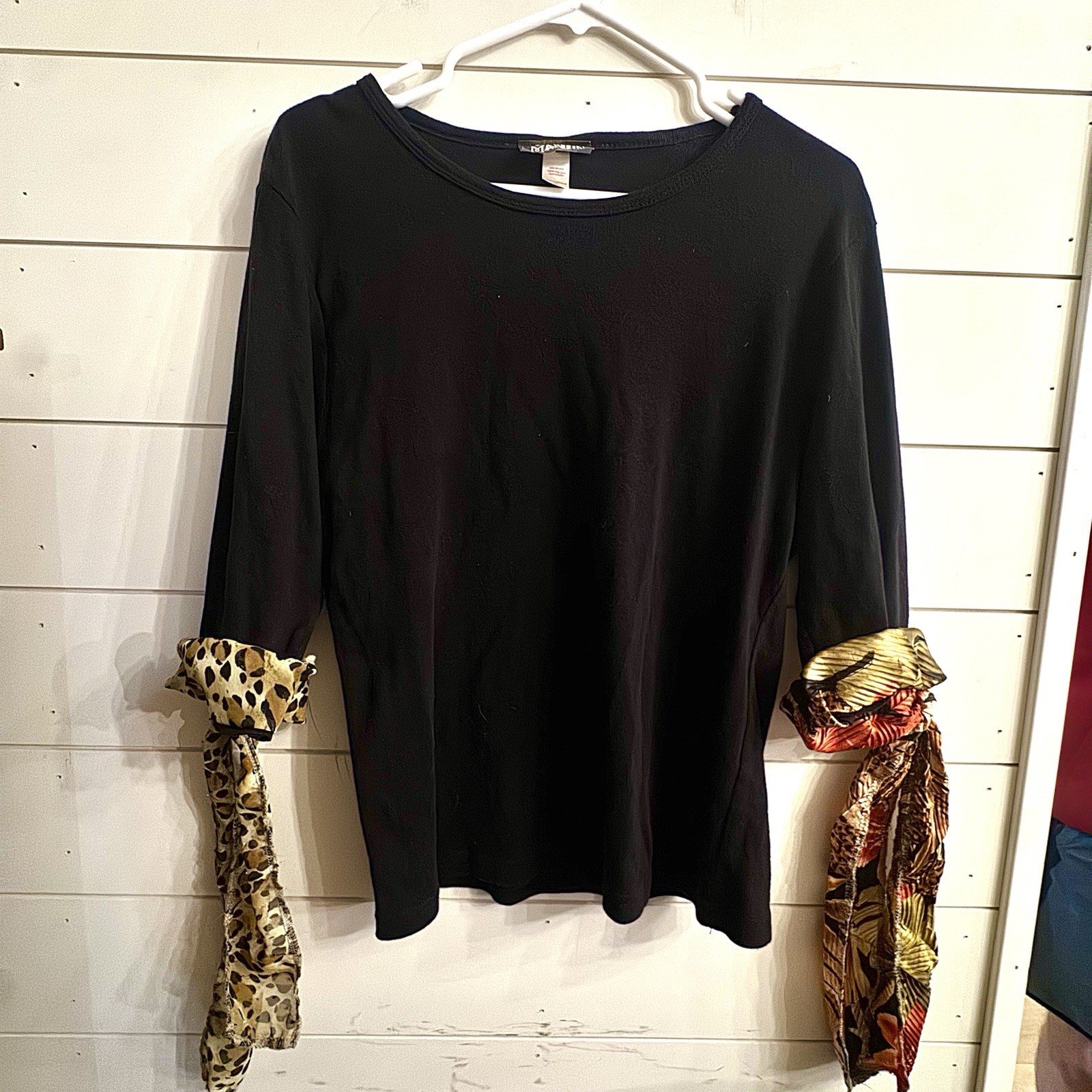 VTG Sarah Martin XL Black Floral/ Leopard Tie Sleeve Hippie Bohemian Blouse