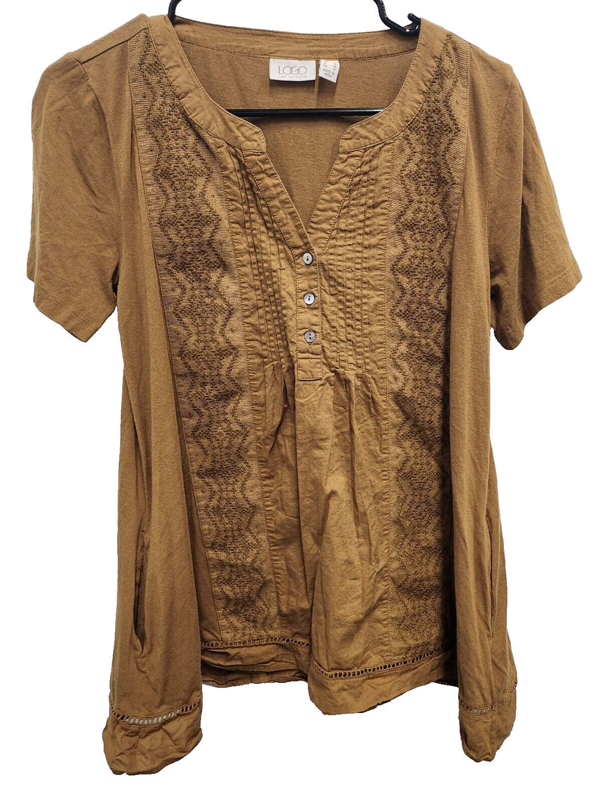 LOGO Lori Goldstein Womens BOHO Top Size Small Mustard Yellow Embroidered
