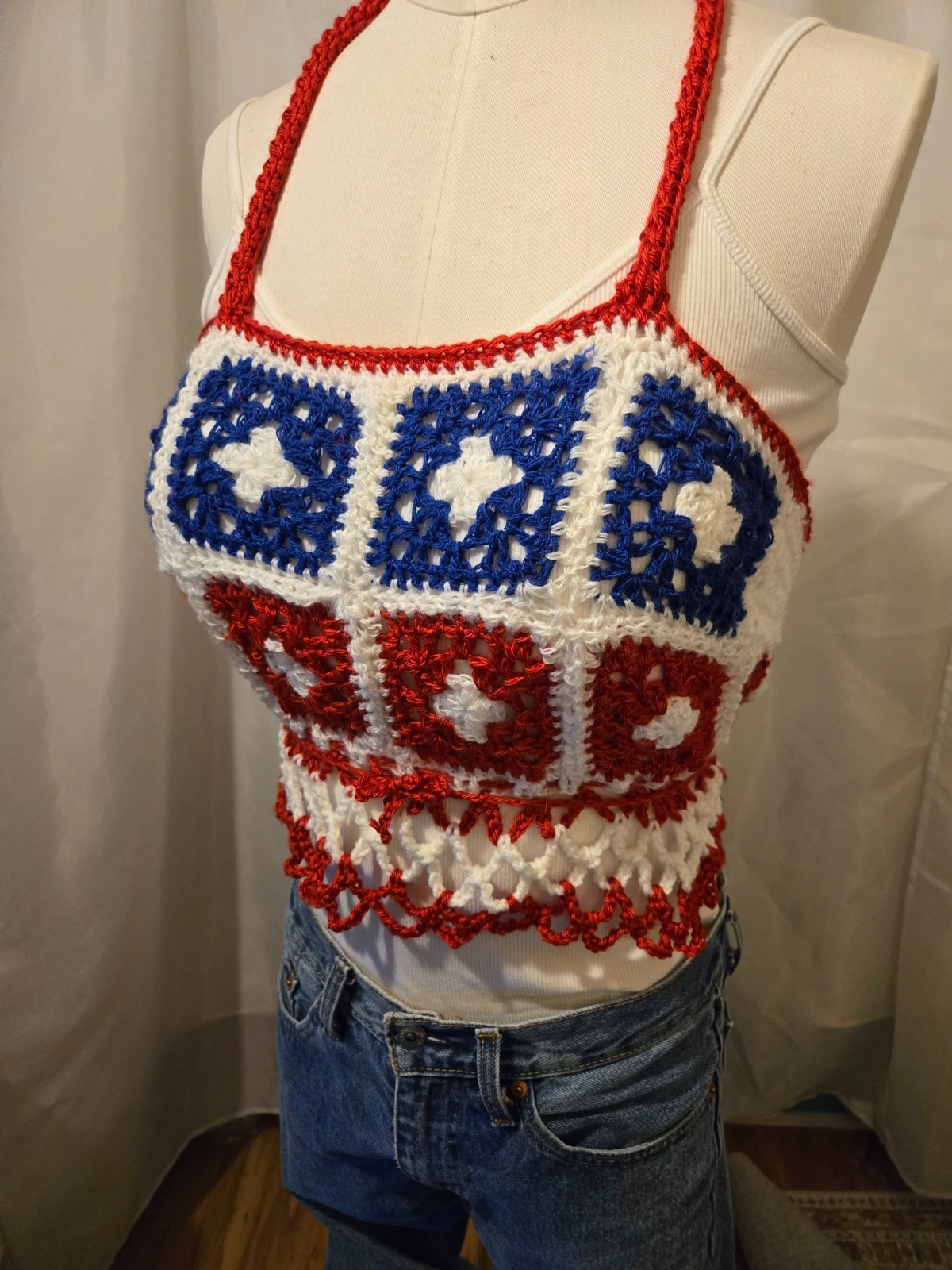 New Red White Blue Granny square Halter top Draw string tie Handmade Crocheted
