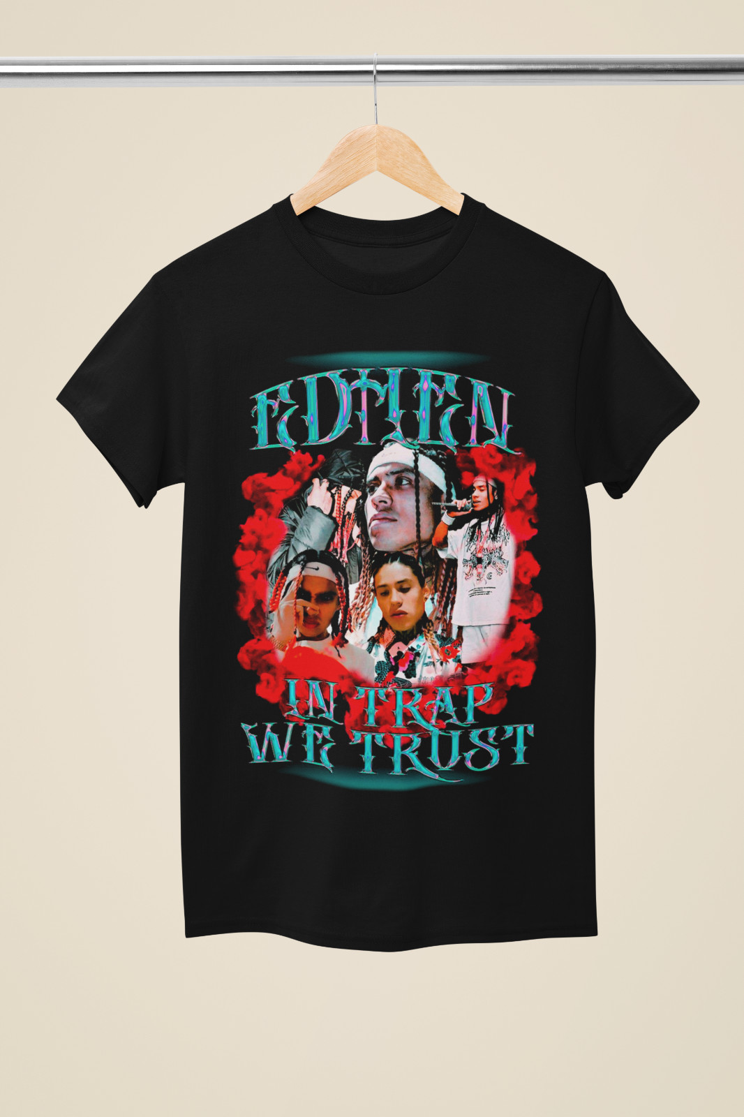 EDTHEN “In Trap We Trust” Red Smoke Photo Collage Black T-Shirt – (MU39)