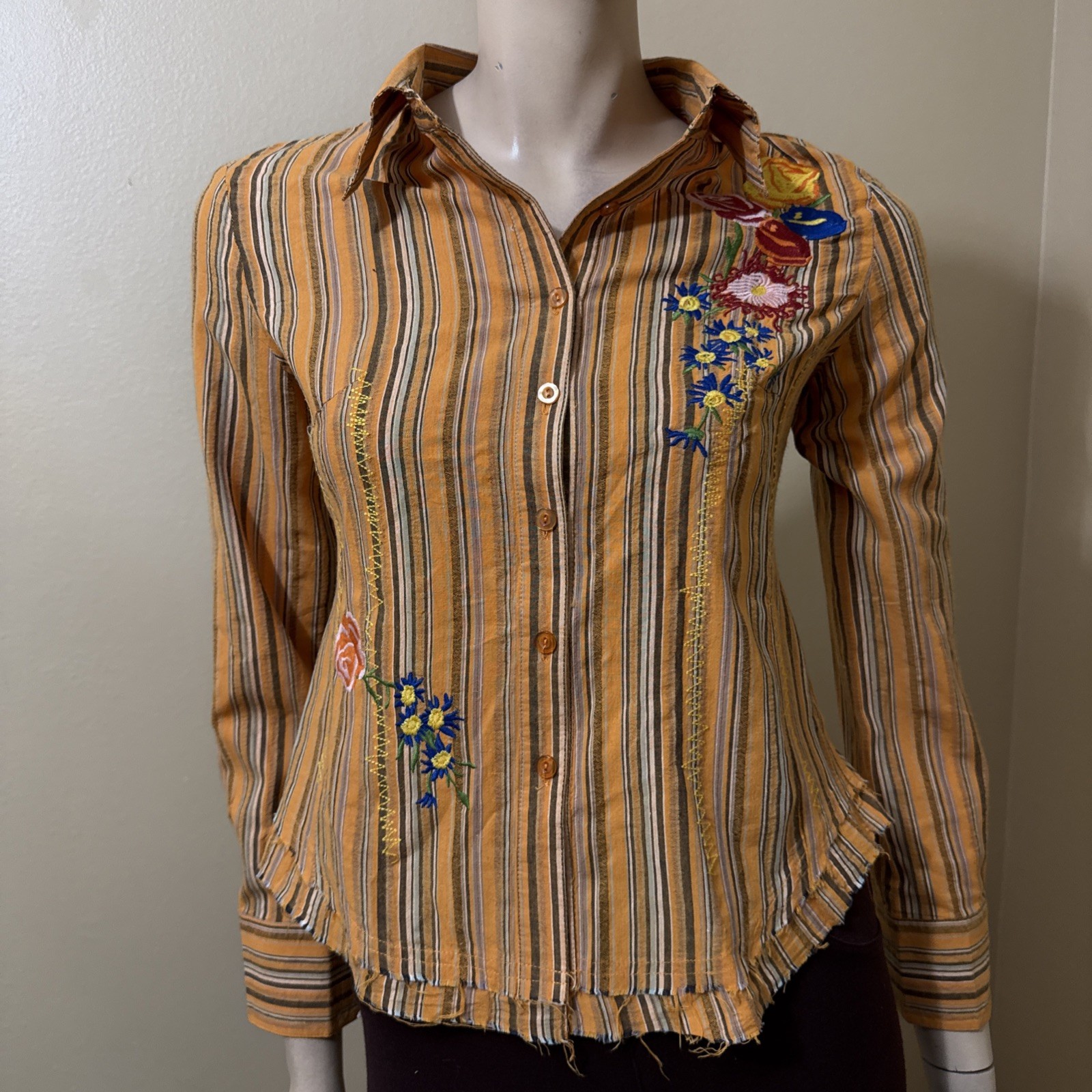Women’s Orange Striped Cotton Casual Boho Embroidered Size L Button-up Blouse