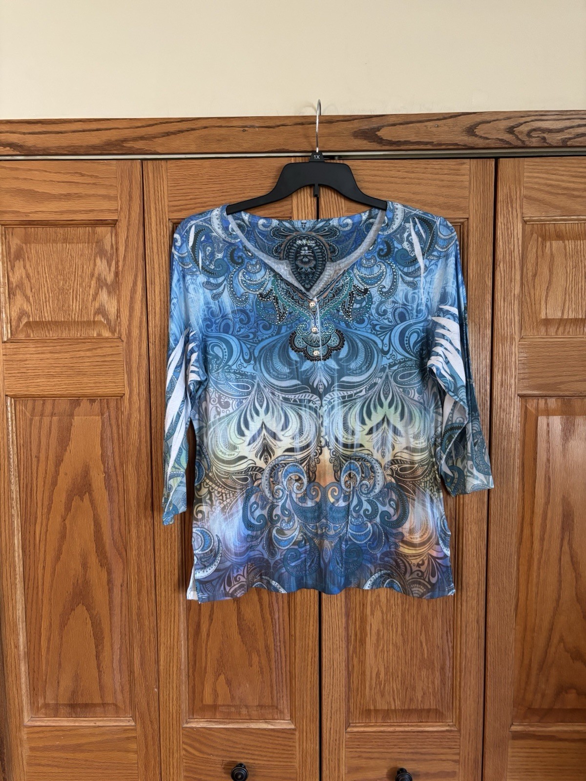Style & Co Womens 1X Abstract Print Top With Sparkles 3/4 Sleeve