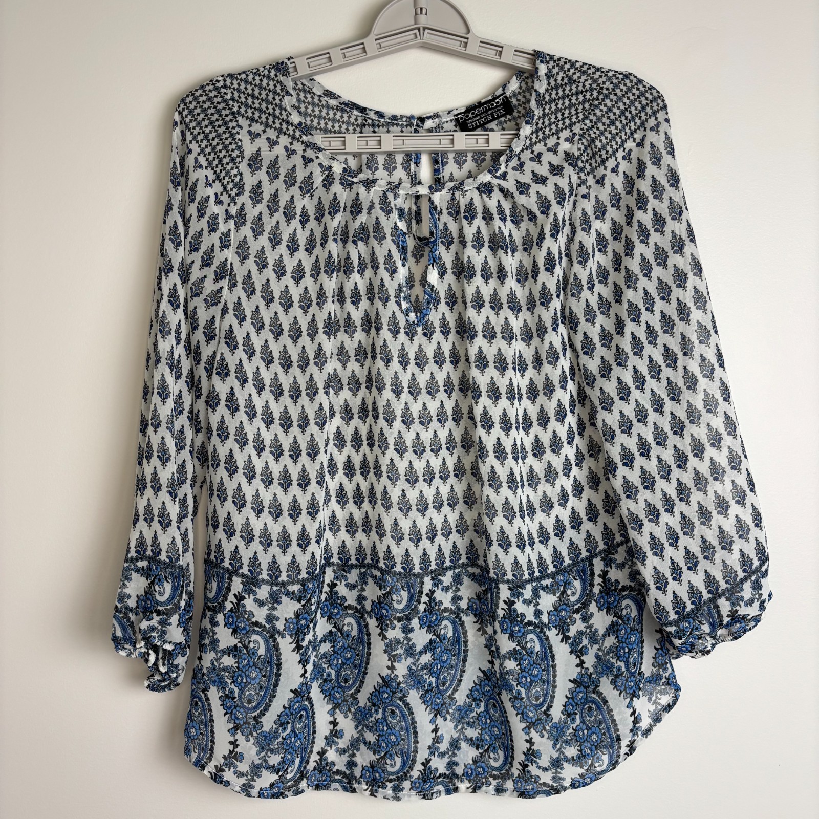 PAPERMOON Stitch Fix Flowy Keyhole Long Sleeve Blouse Women S Paisley Blue White