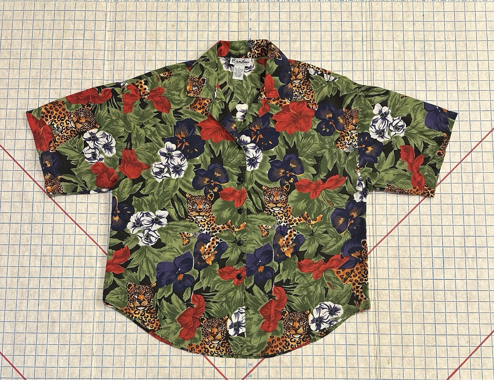 Jungle Print Tropical Hawaiian Boxy Fit Blouse Size Large Vintage Polycotton