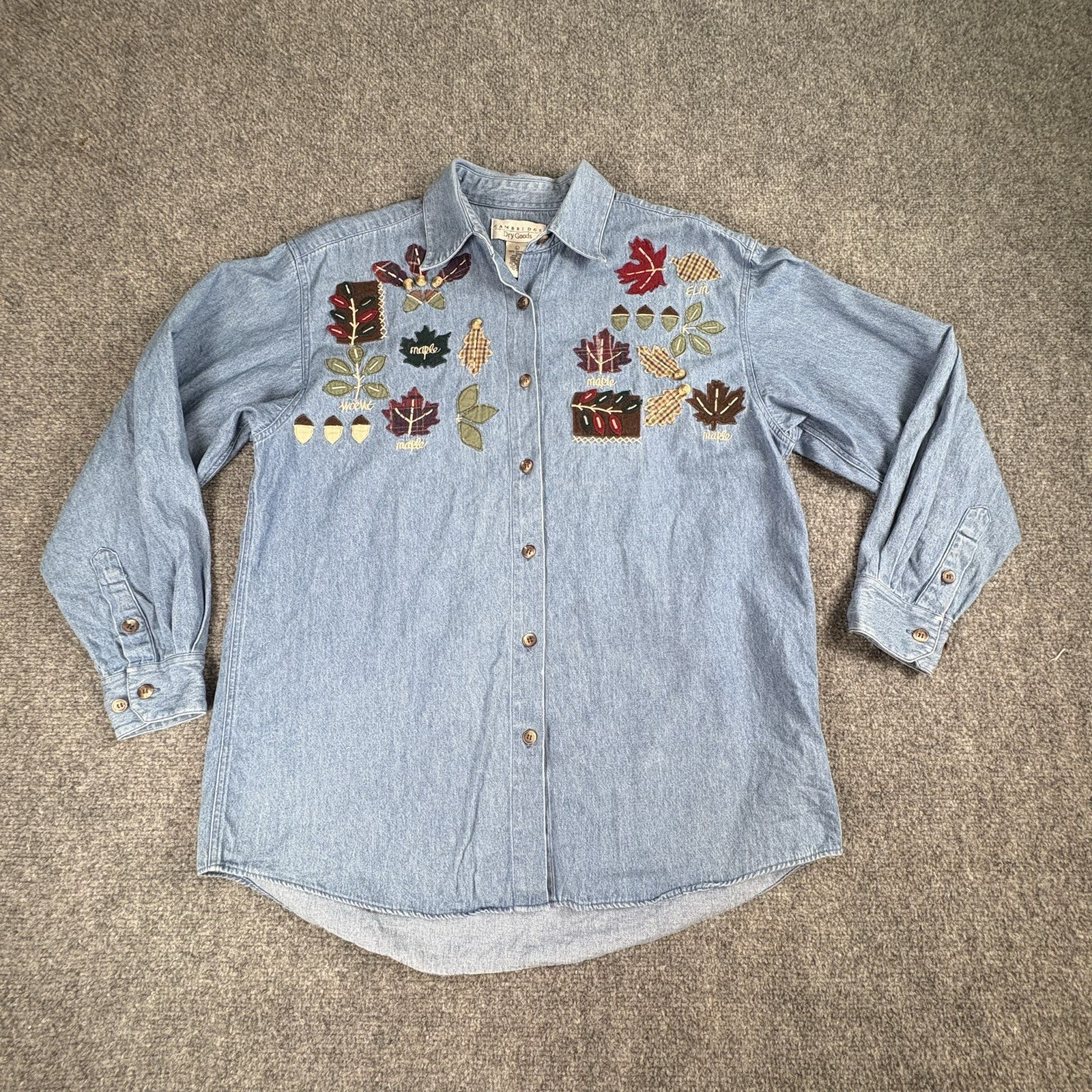 VTG 90s Cambridge Dry Goods Denim Shirt L Blue Fall Leaf Acorn Embroidery Boho