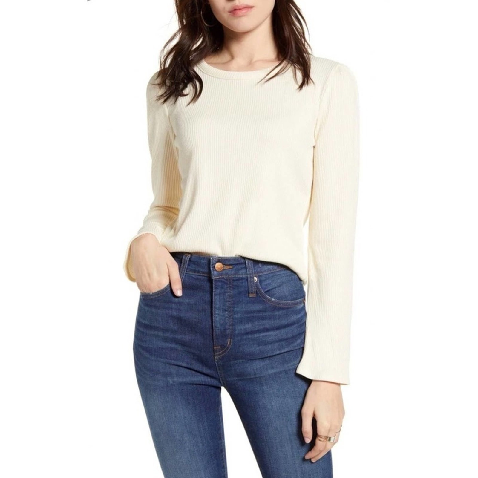 NWT MADEWELL Ribbed Gathered Sleeve Cream Top Blouse Sz. M Medium
