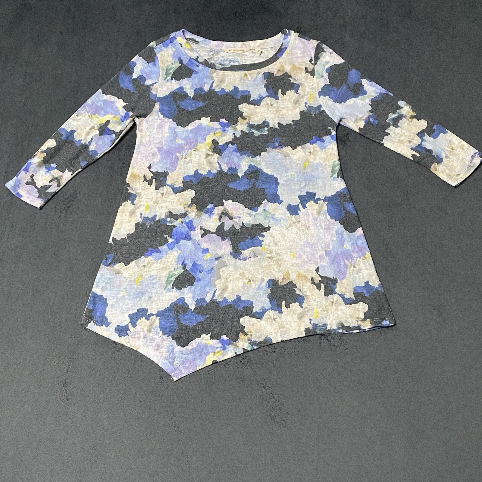 Soft Surroundings Shirt Women XS Asymmetric 3/4 Sleeve Blue Watercolor Tunic Top