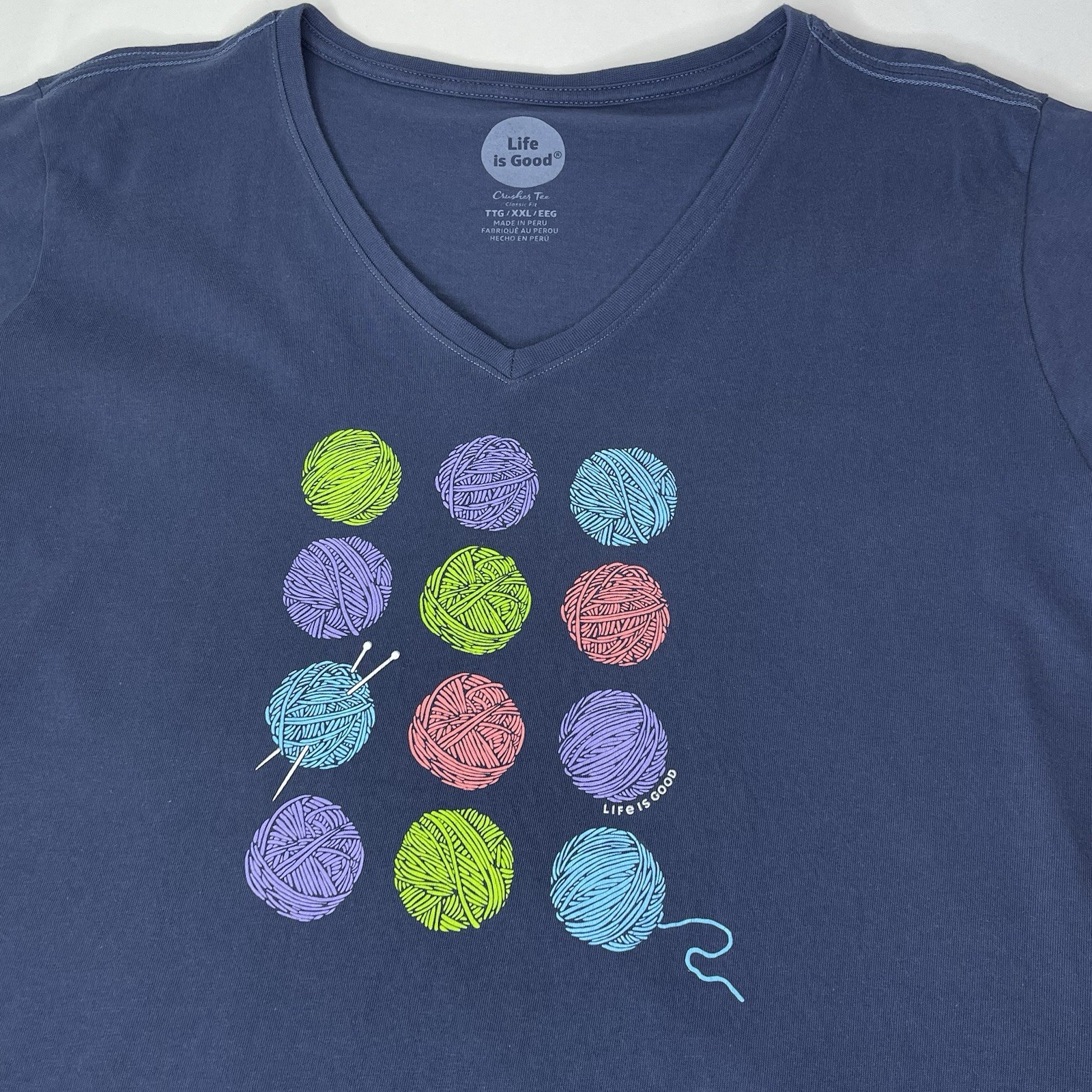 LIfe is Good XXL Women’s Crusher Tee V-Neck Short Sleeve Blue Yarn Knitting