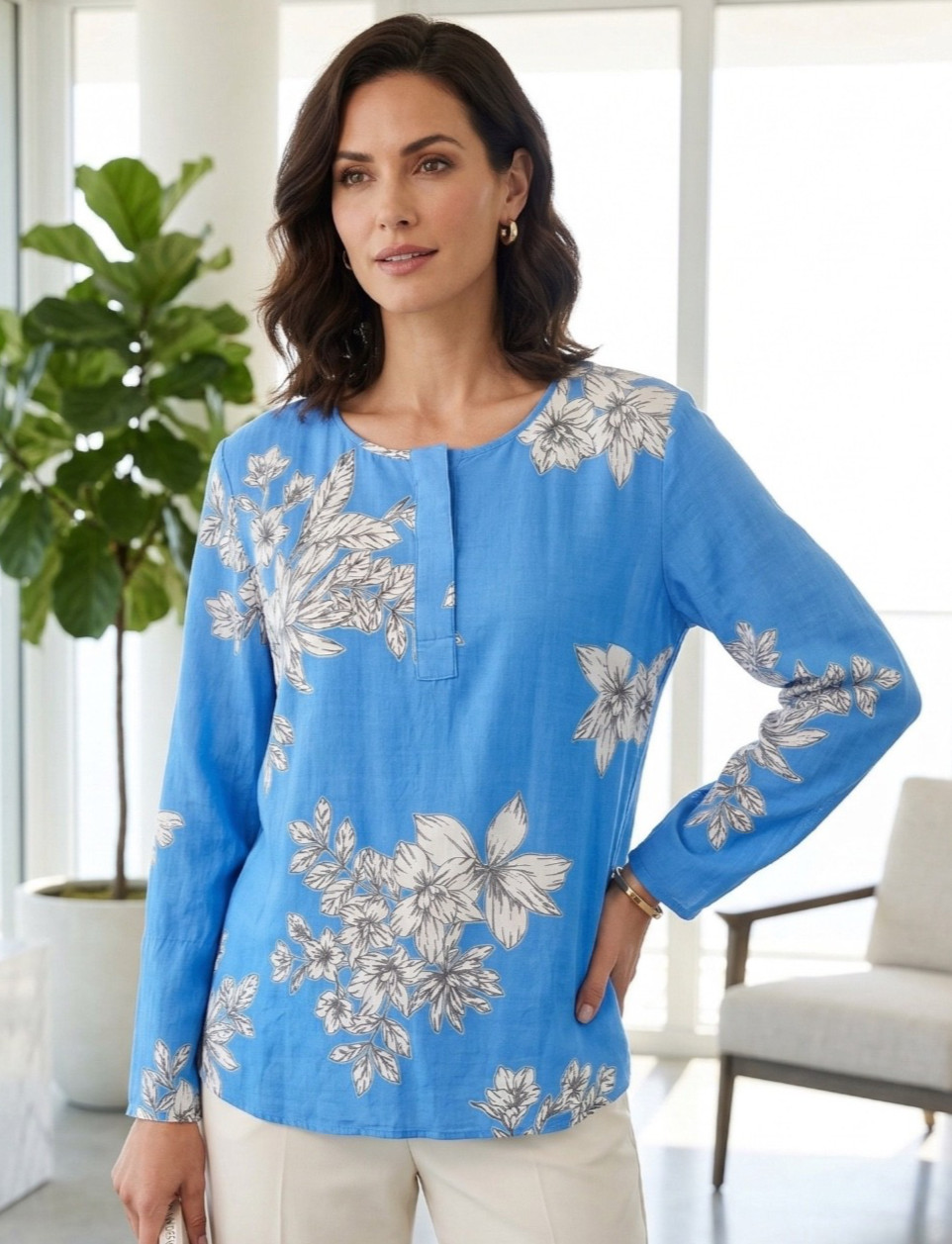 Trenery Top Size M Blue Floral 100% Modal Party Work Corporate Travel Cruise