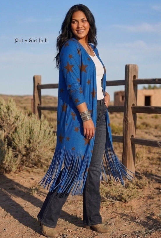 New Boho Plus Size Women’s Blue Stars Fringe Kimono Cardigan Duster XL 1X 2X 3X
