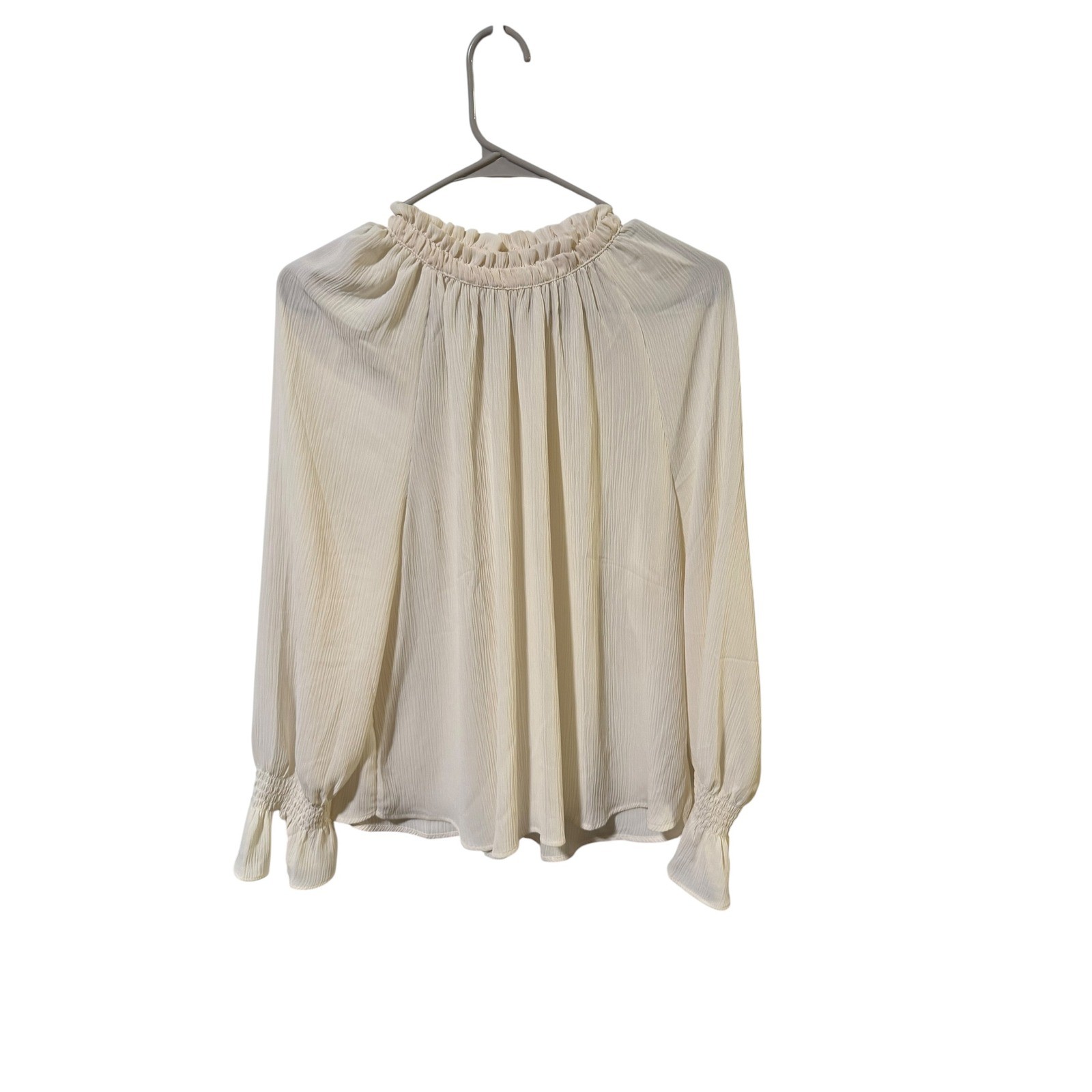 Loft Size Large Petites Ivory Pleated Ruffle Neck Smocked Cuff Blouse
