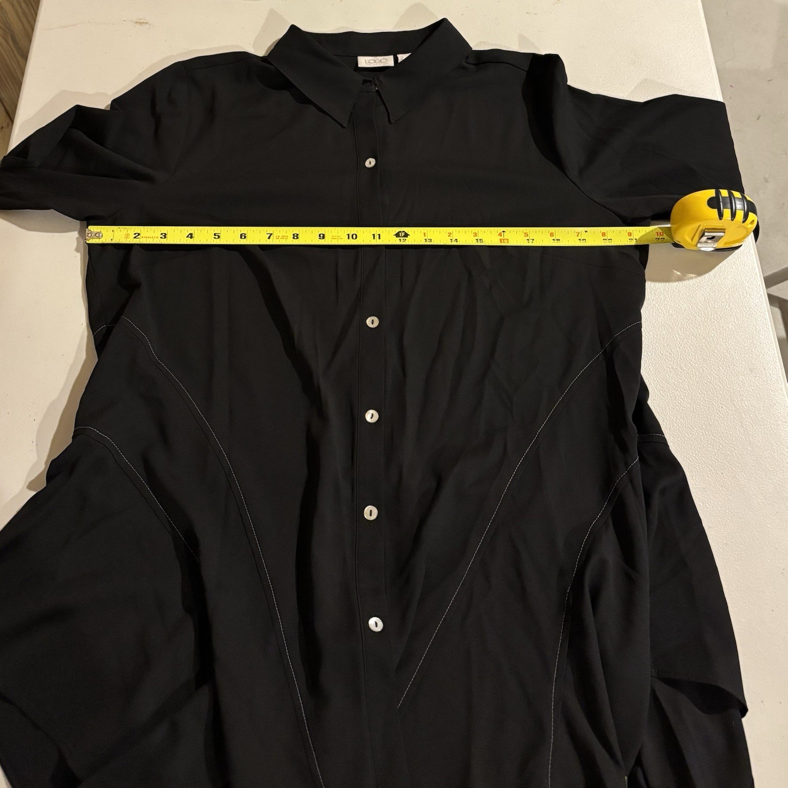 LOGO Lori Goldstein Tunic Button Up Black Sz Medium Contrast Stitches NN-21