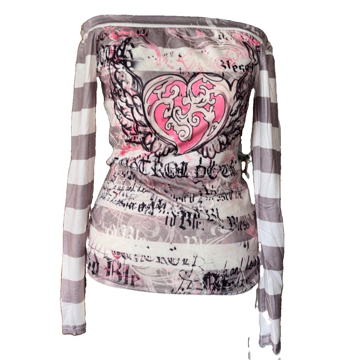 Y2K Pink Grey Graphic Heart Off Shoulder Long Sleeve Top S