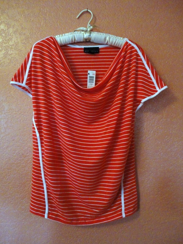 Women’s Attention Orange with White Stripe Wide Neck Shirt Large NWT