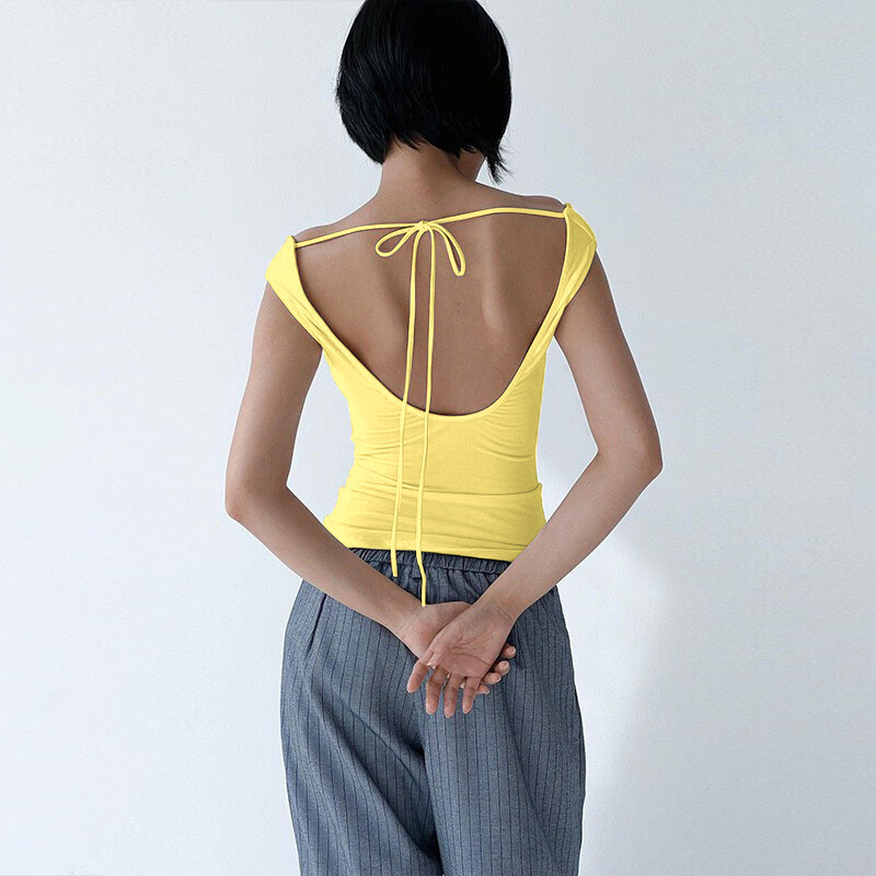 Women Sleeveless Soild Sexy Off Shoulder Slim Tee Summer Backless BowTie T-shirt