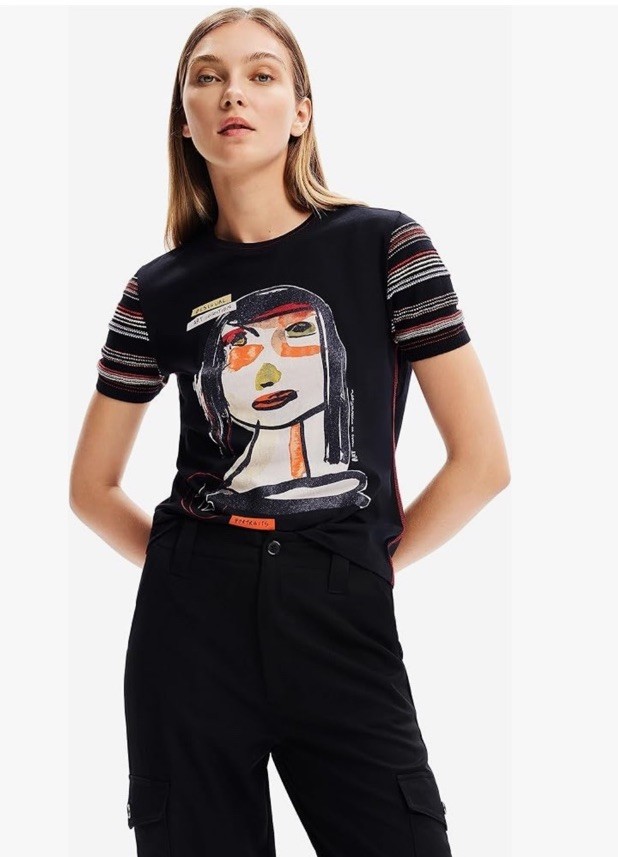 Desigual graphic print Tee shirt L Multi Art Black Artsy