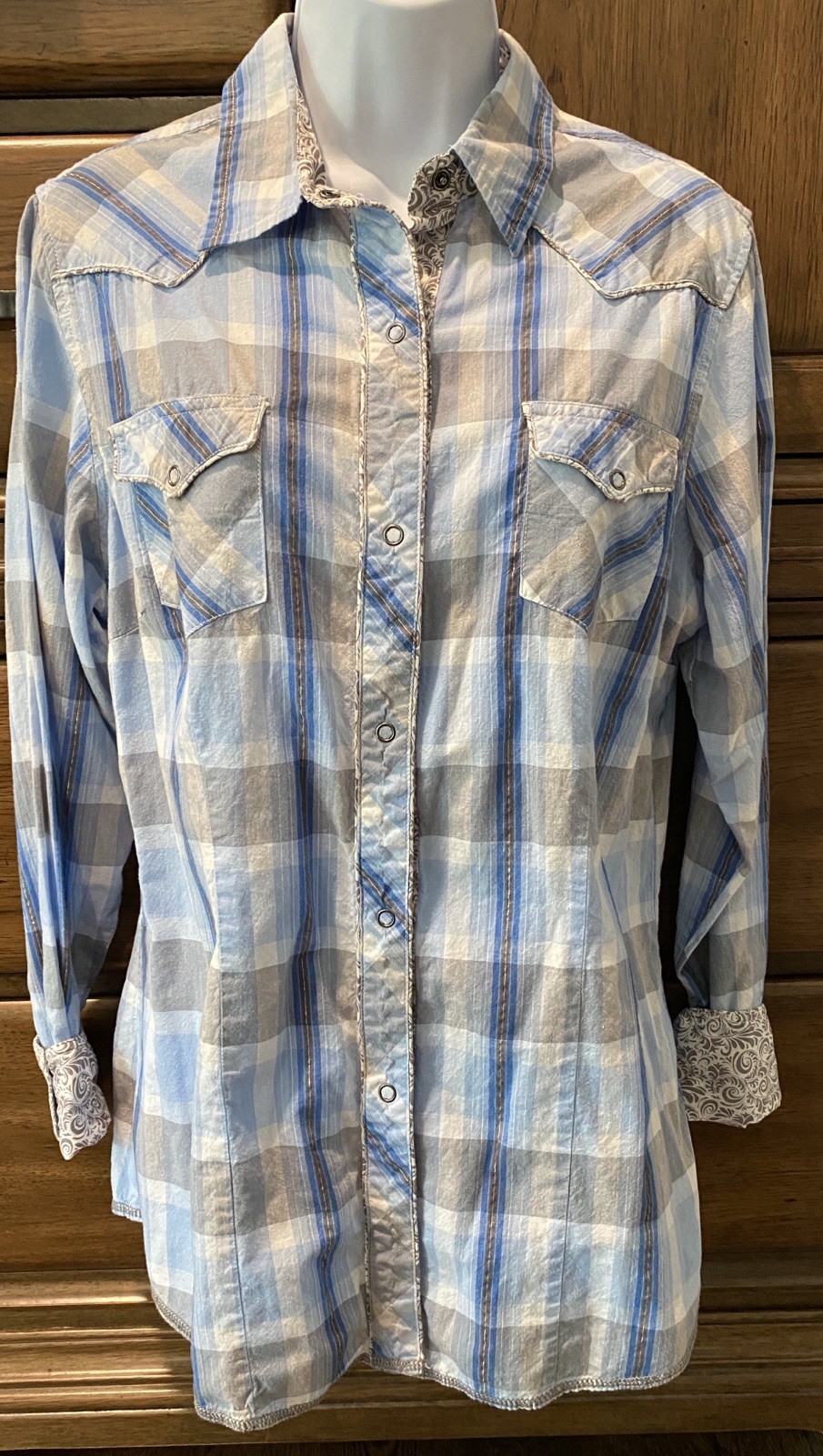 Roper Western Pearl Snap Shirt Large L Blue Plaid Women’s Long Sleeve