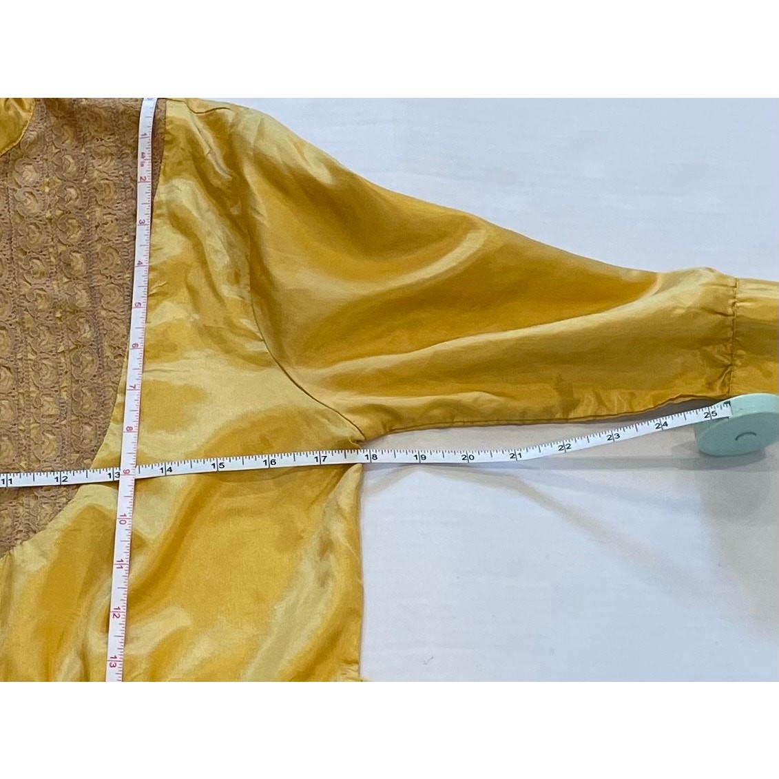 Vintage Galeno Gold Silk Short Sleeve Blouse, Lace, Ruffle, Belt / Tie, Size M