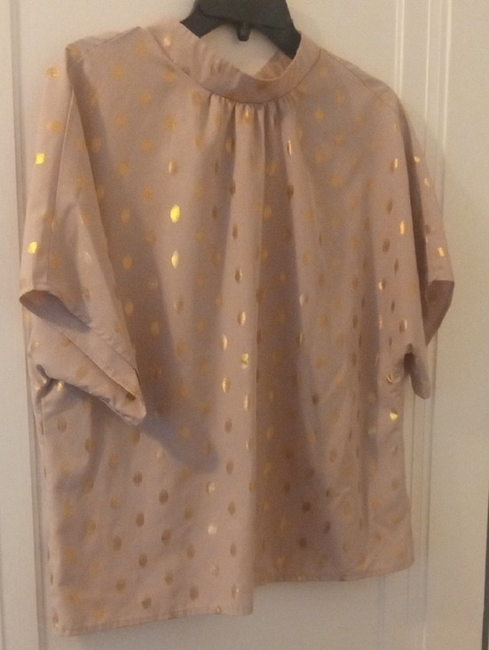 Taupe Satin Blouse with Gold Foil Dots XL short sleeve