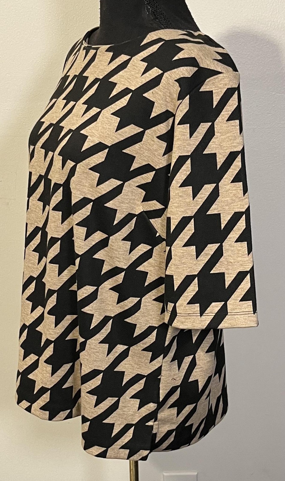 Liz Claiborne Blouse Womens XL Black Tan Houndstooth 3/4 Sleeve Stretch Top