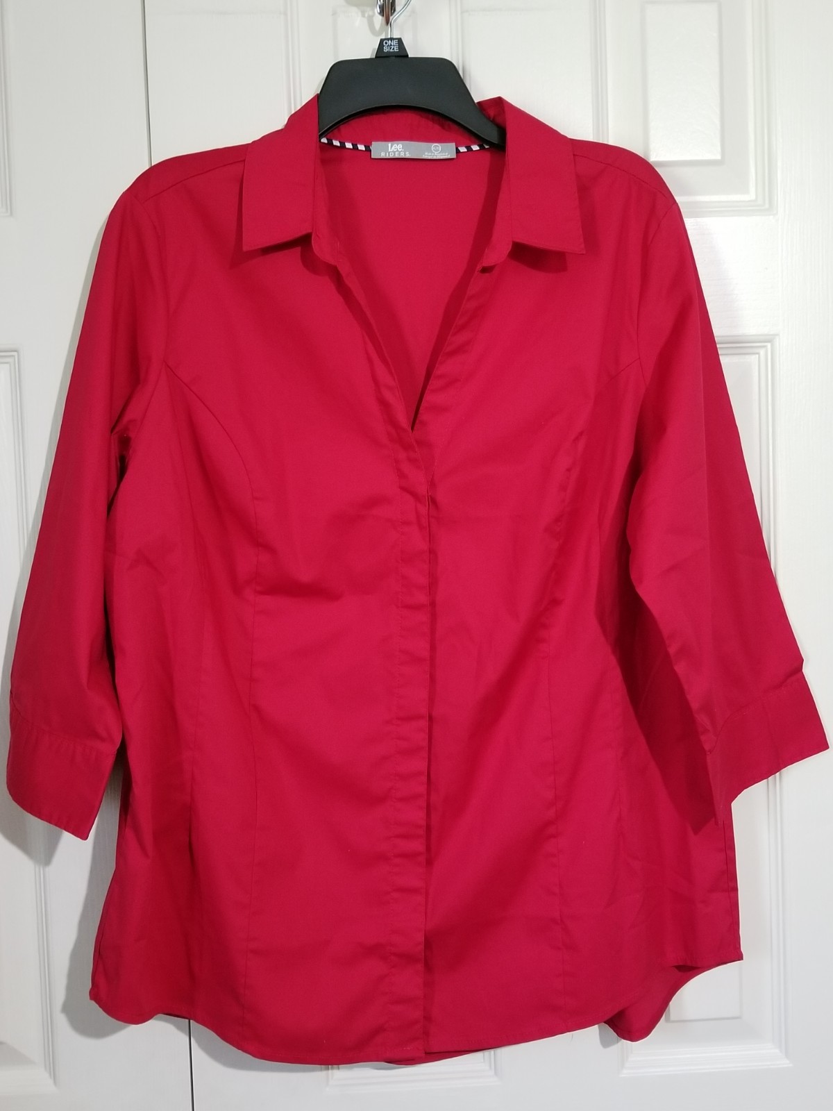 Riders By Lee Shirt Women XL Red Solid Button Front 3/4 Sleeve Stretch Top LN