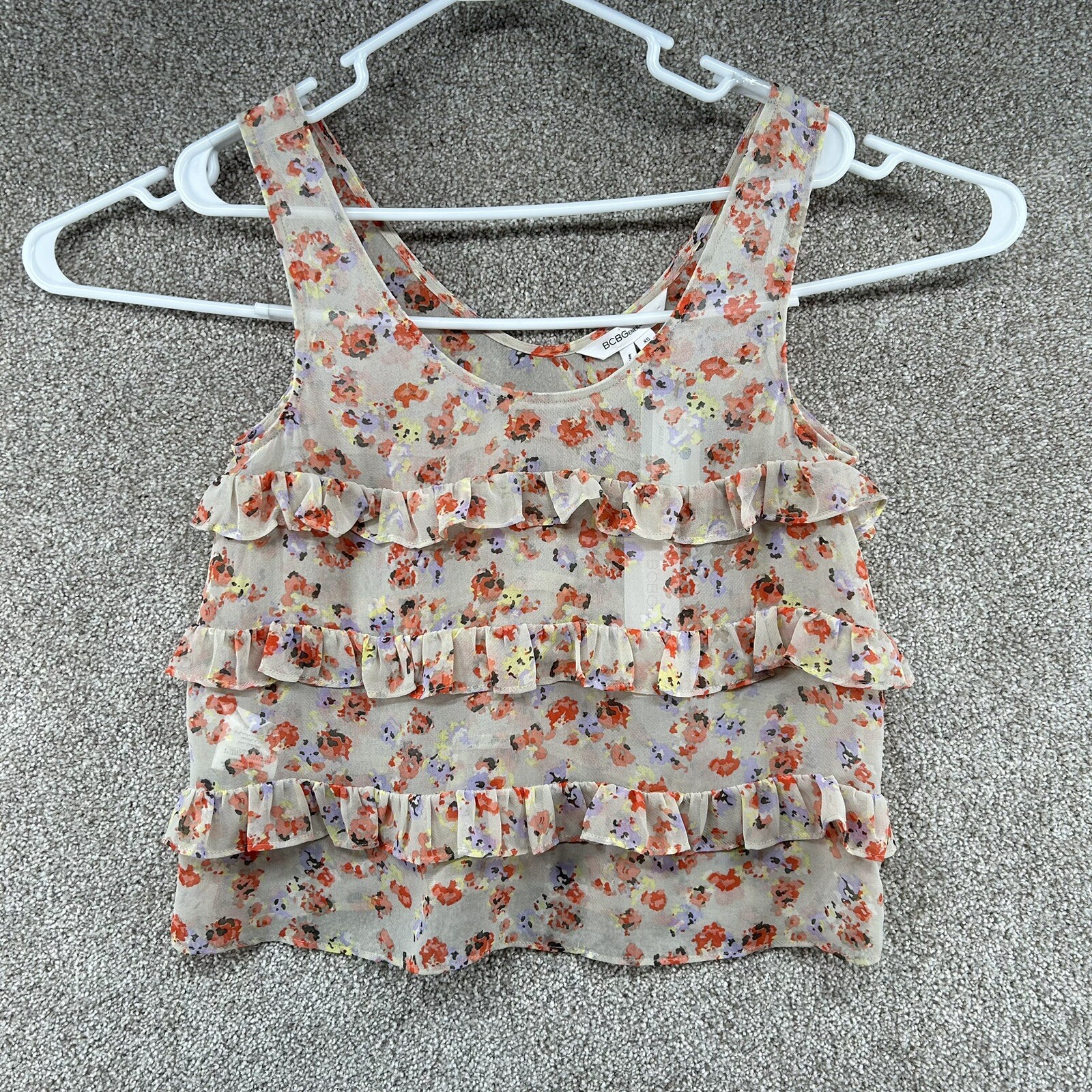 NWT BCBGeneration Women’s Tank Size XS Ruffle Floral Orange Cropped Sheer