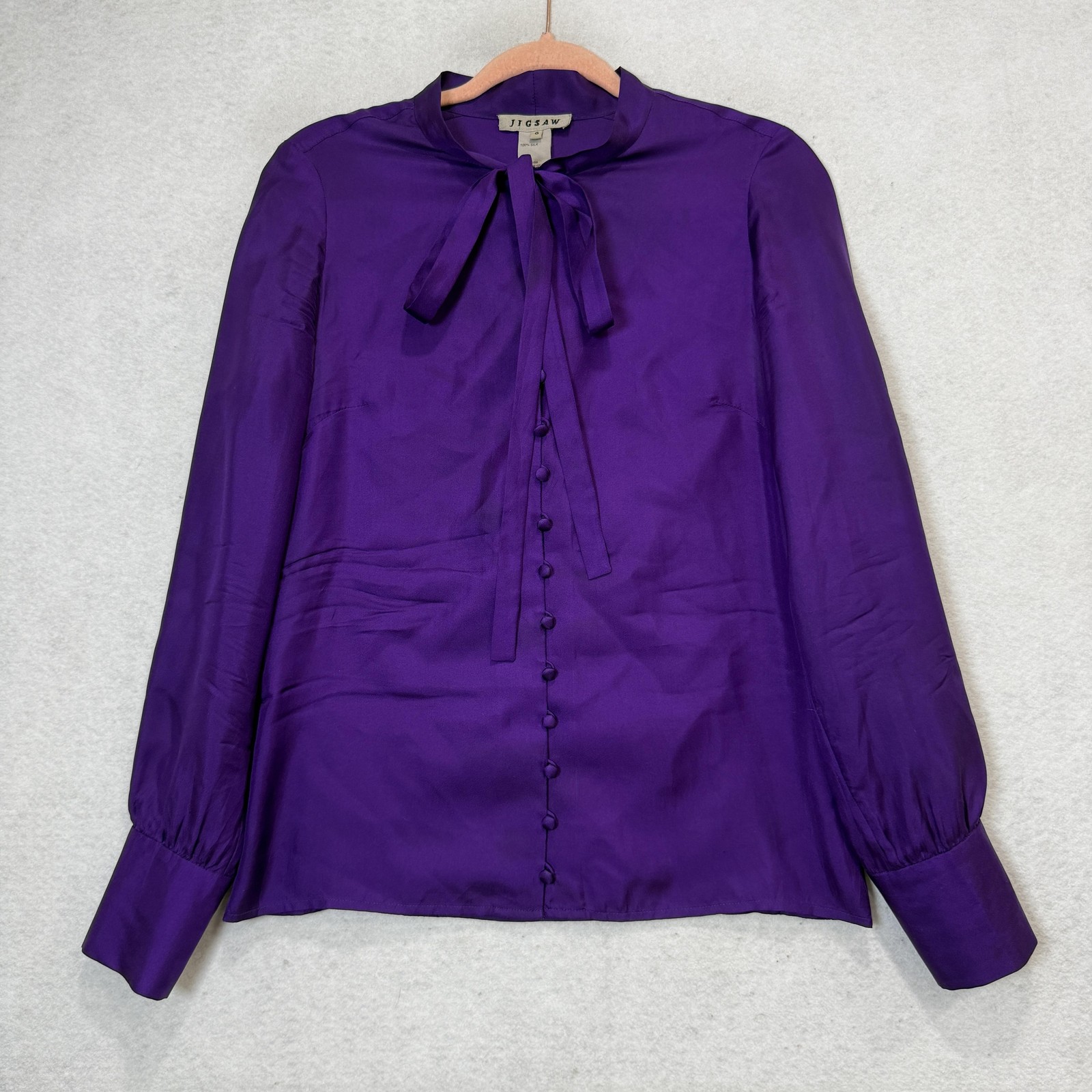 Jigsaw Blouse Womens 6 Purple 100% Silk Satin High Neck Bow Long Sleeve Top