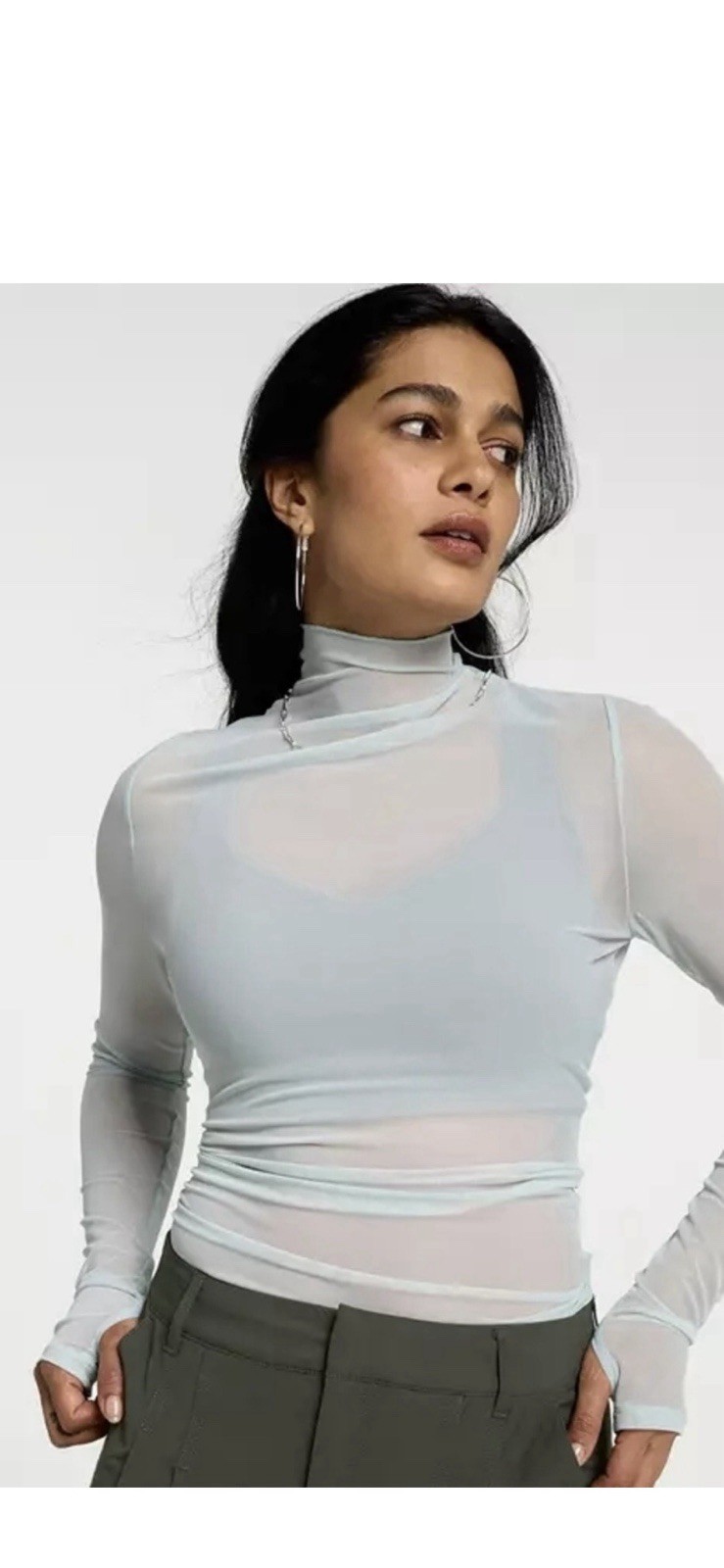 WAX27 Smoked Turquoise Sheer Mesh Turtleneck Pullover Long Sleeve Top
