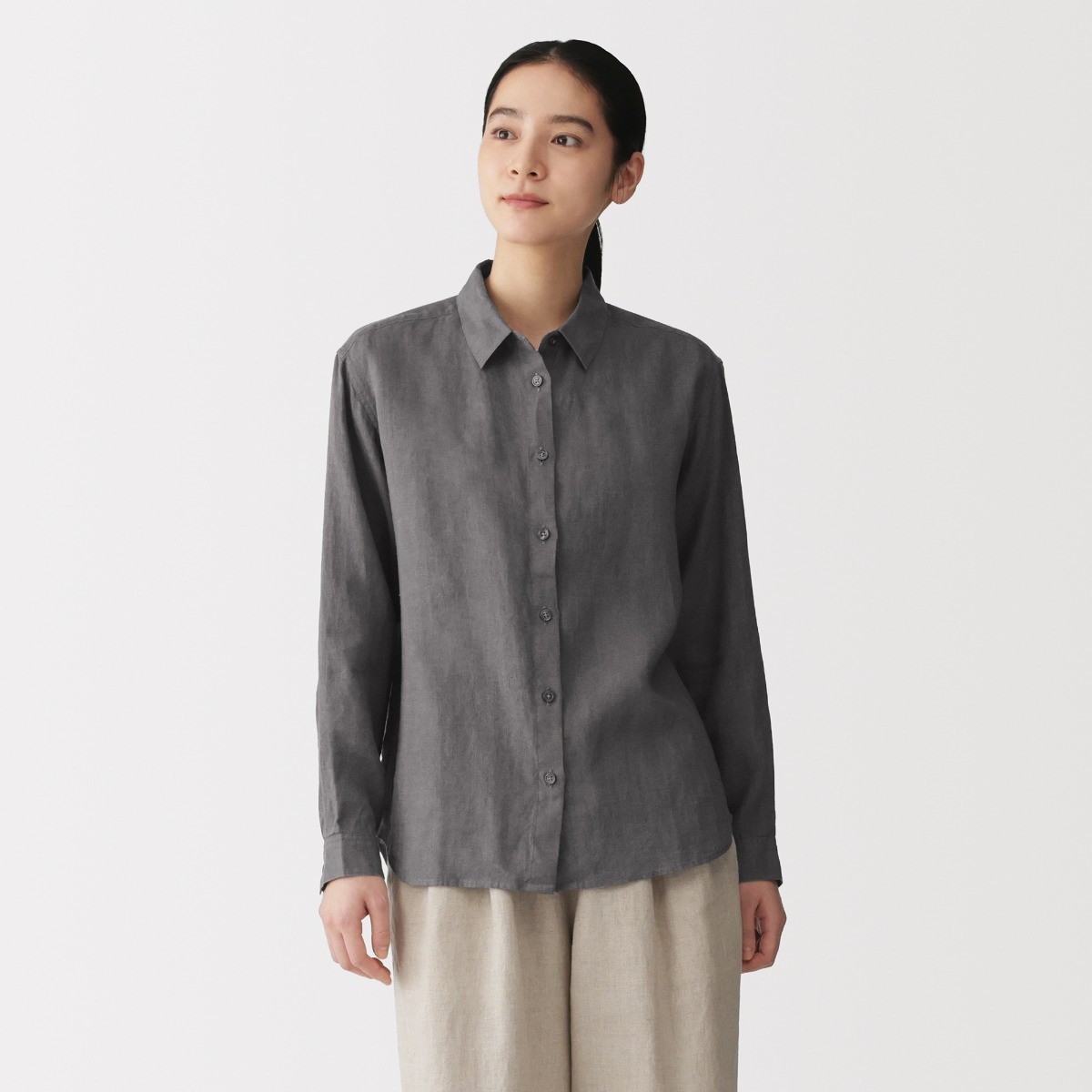 New MUJI Washed Linen Regular Collar Buttondown Shirt Charcoal Gray Size Medium