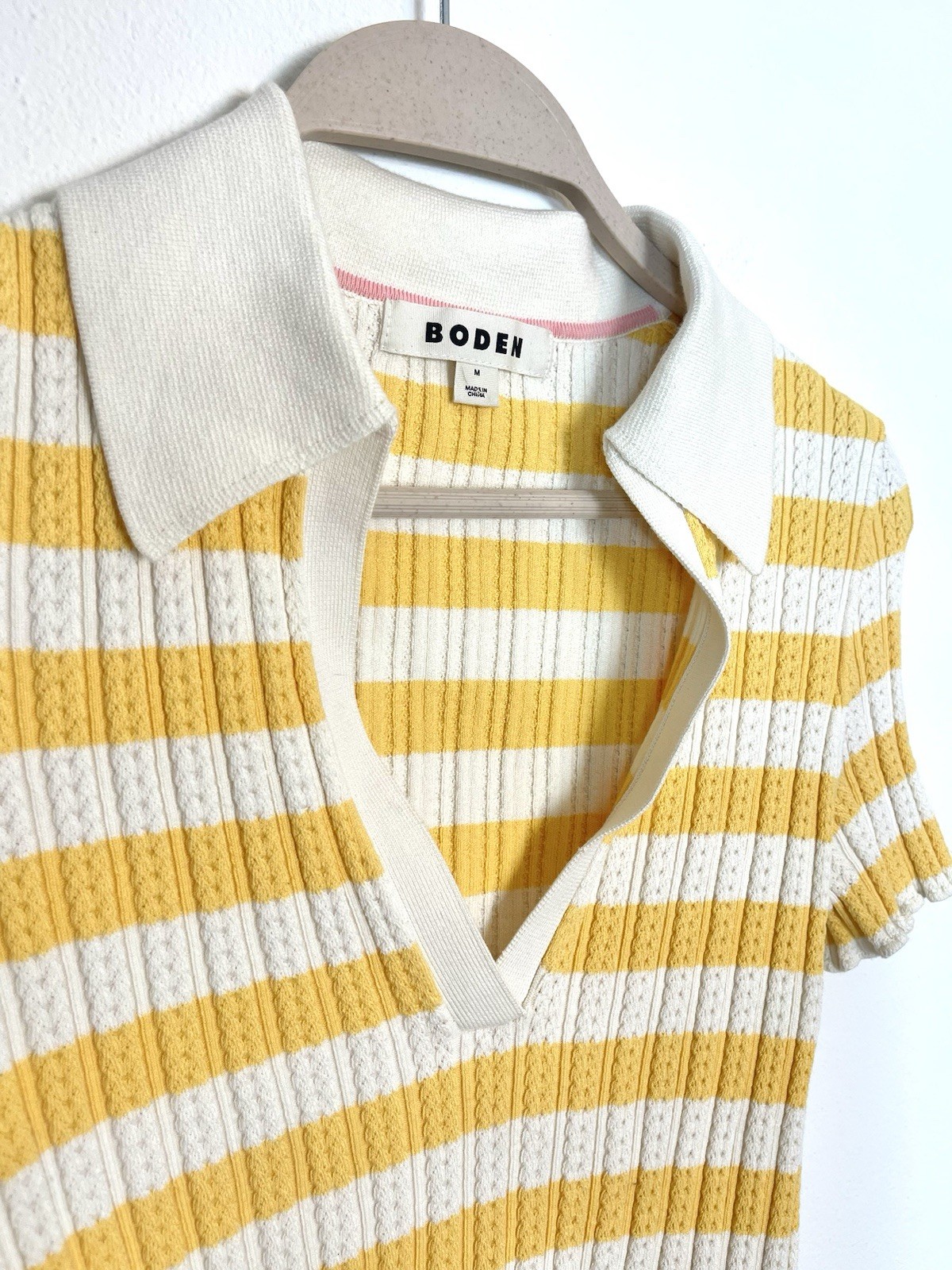 BODEN Ribbed Pointelle Knit Collared Polo Top Yellow Ivory Stripe M