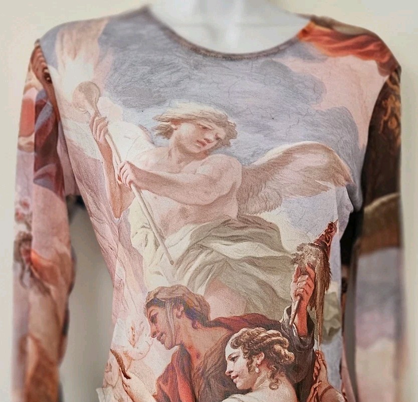 Zara Womens Bodysuit Top L Mesh Sheer Luca Giordano Renaissance Angel Cherub Art