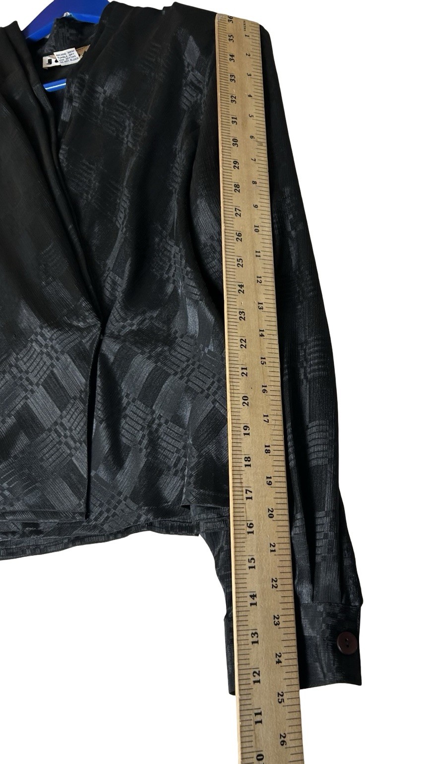 VTG Elegant Satin Wrap Blouse Sz 14 Black Bold Geometric Structured Slim Fitted