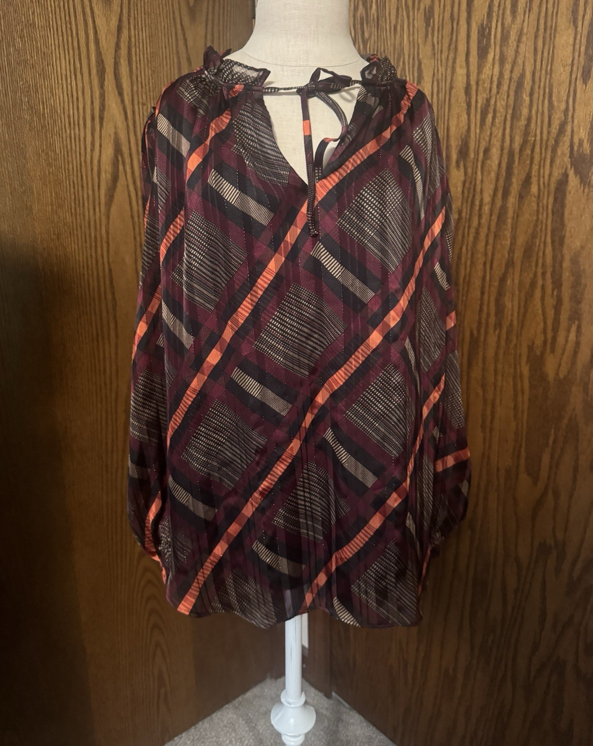 bar III Burgundy Orange Black Plaid Tie Neck Long Sleeve Blouse 2X Plus Women